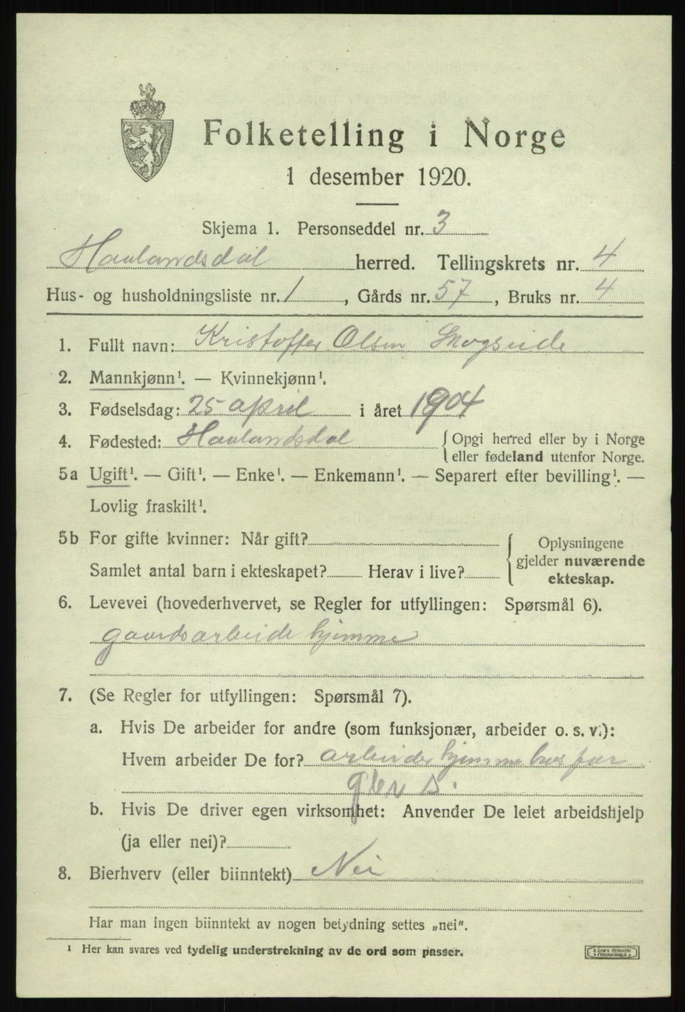 SAB, 1920 census for Hålandsdal, 1920, p. 832