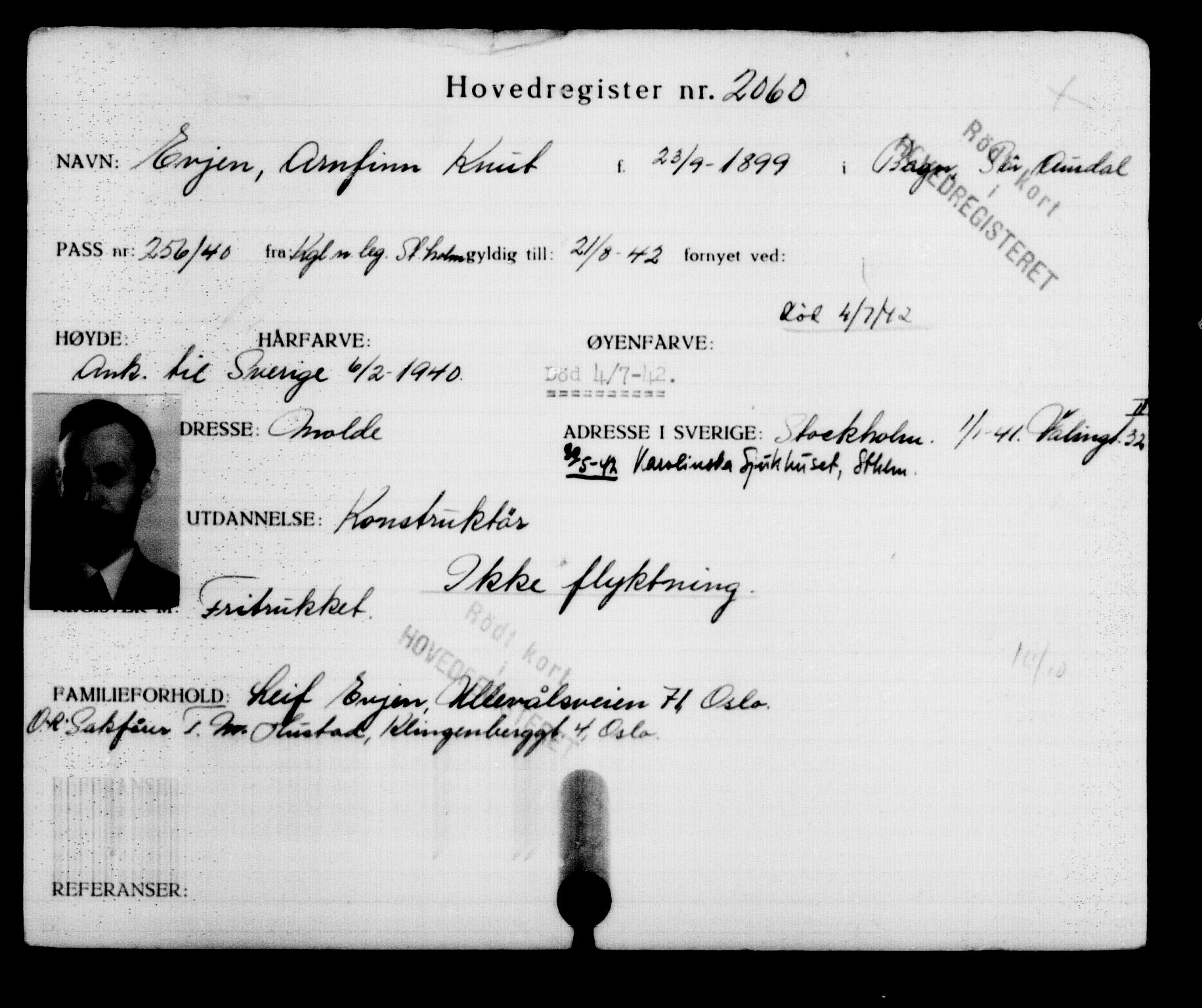 Utenriksstasjonene, Legasjonen i Stockholm, Flyktningkontoret, AV/RA-S-6753/V/Va/L0003: Kjesäterkartoteket, flyktninger med registreringsnr. 2001-3495, 1940-1945, p. 79