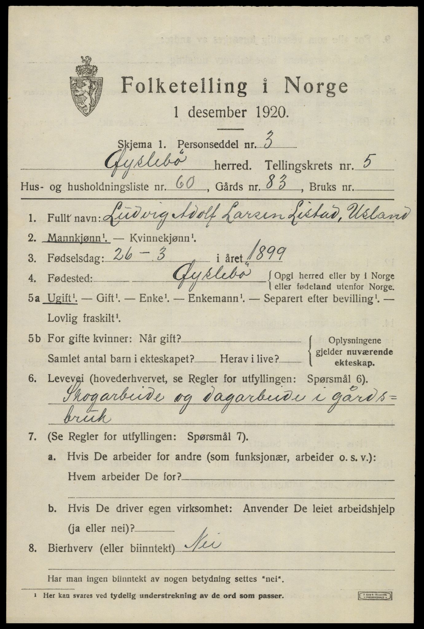 SAK, 1920 census for Øyslebø, 1920, p. 1882