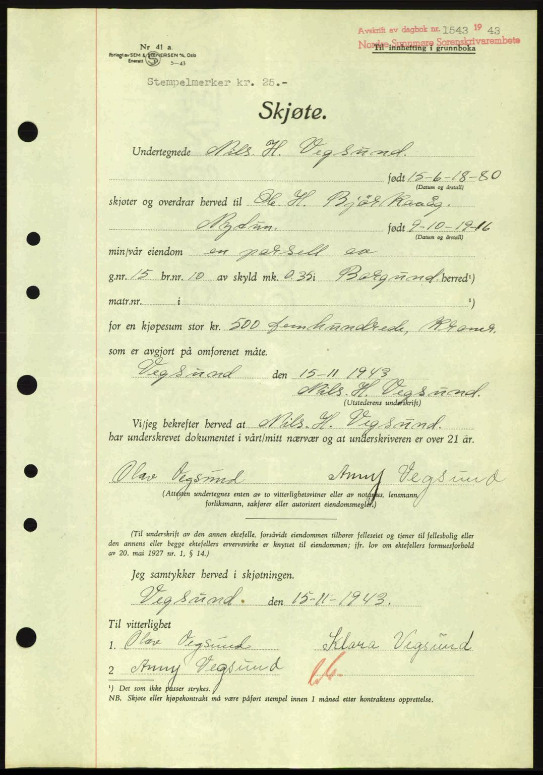 Nordre Sunnmøre sorenskriveri, AV/SAT-A-0006/1/2/2C/2Ca: Mortgage book no. A17, 1943-1944, Diary no: : 1543/1943