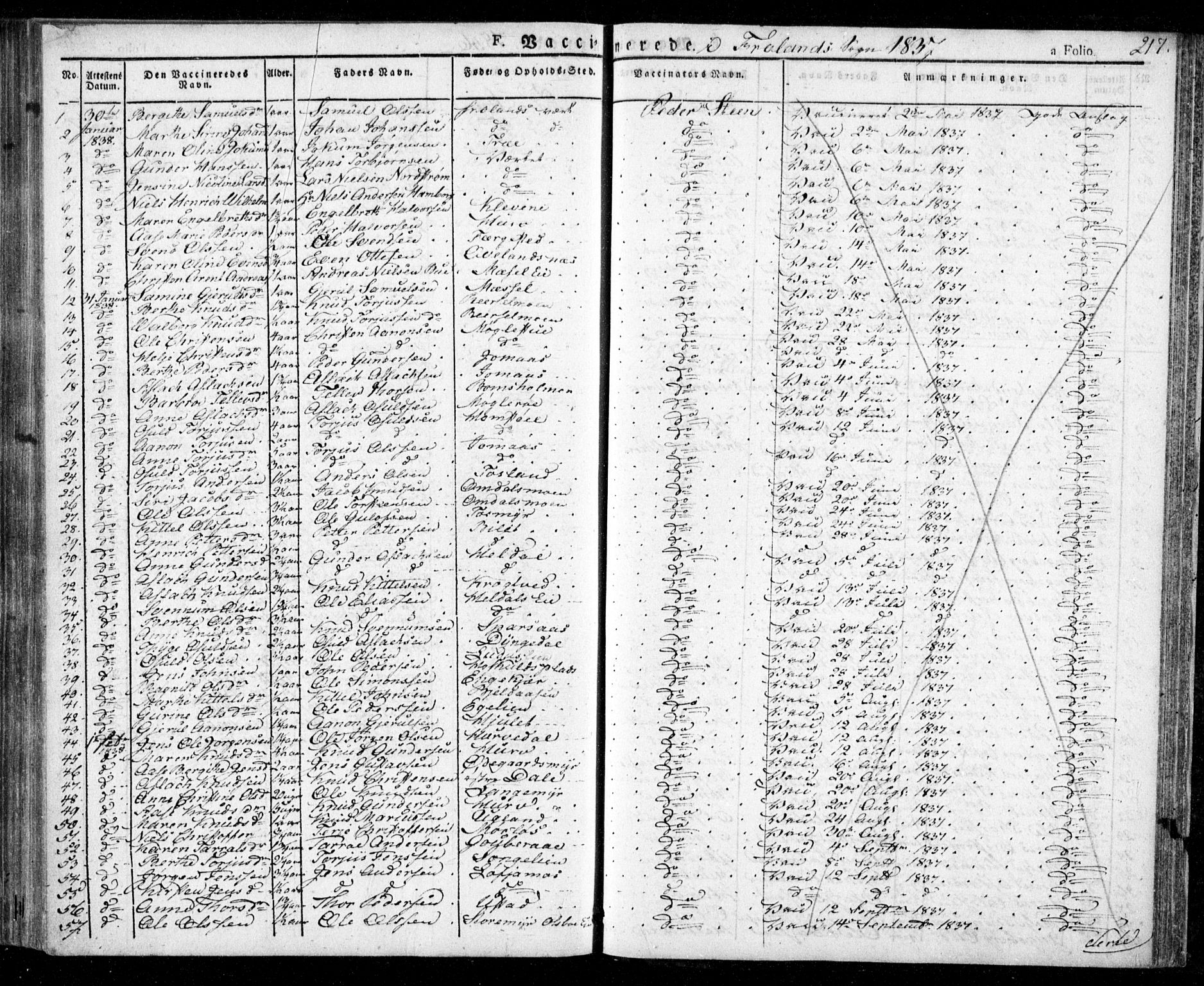 Froland sokneprestkontor, AV/SAK-1111-0013/F/Fa/L0001: Parish register (official) no. A 1, 1827-1844, p. 217