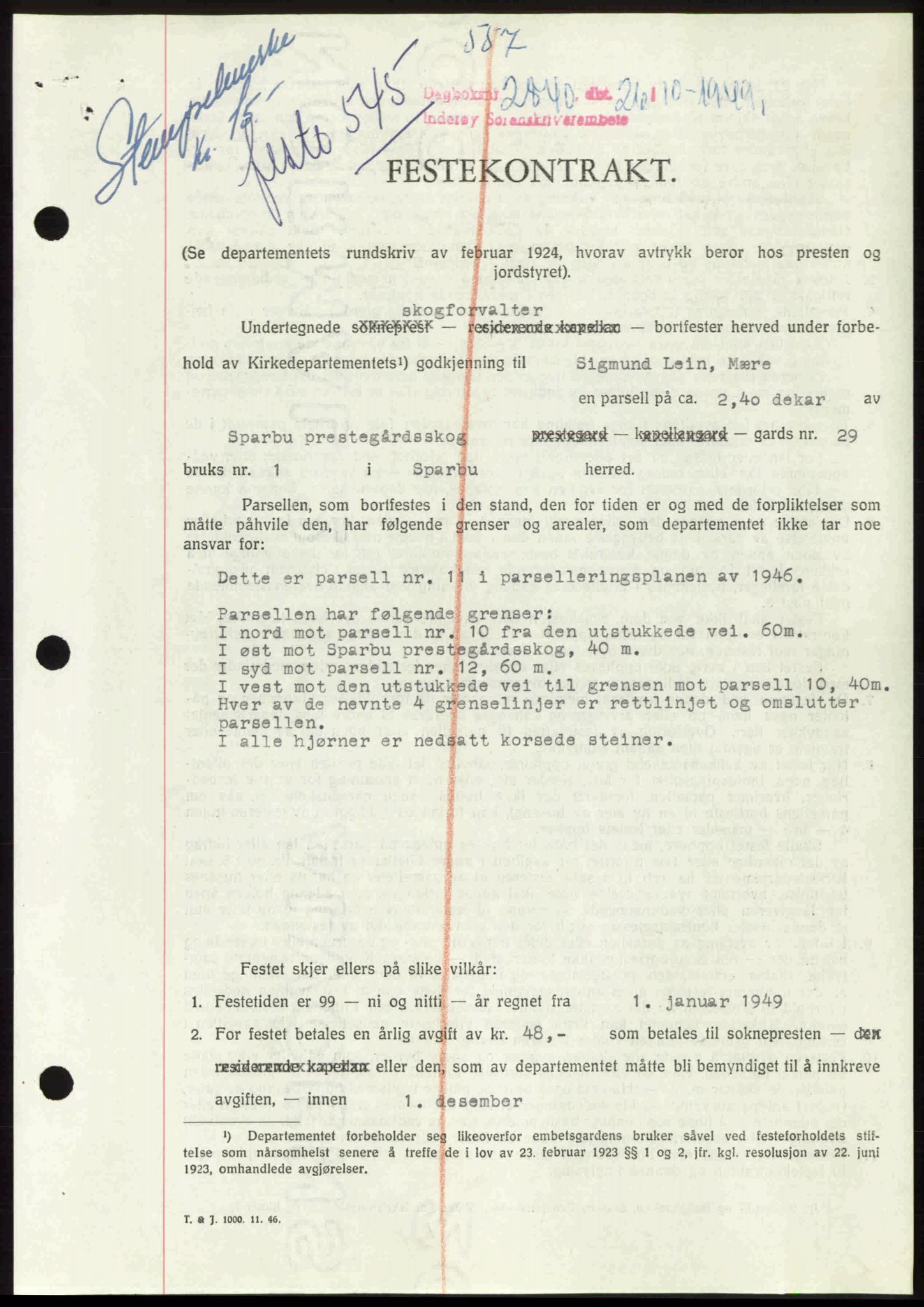 Inderøy sorenskriveri, AV/SAT-A-4147/1/2/2C: Mortgage book no. A 21, 1949-1949, Diary no: : 2840/1949