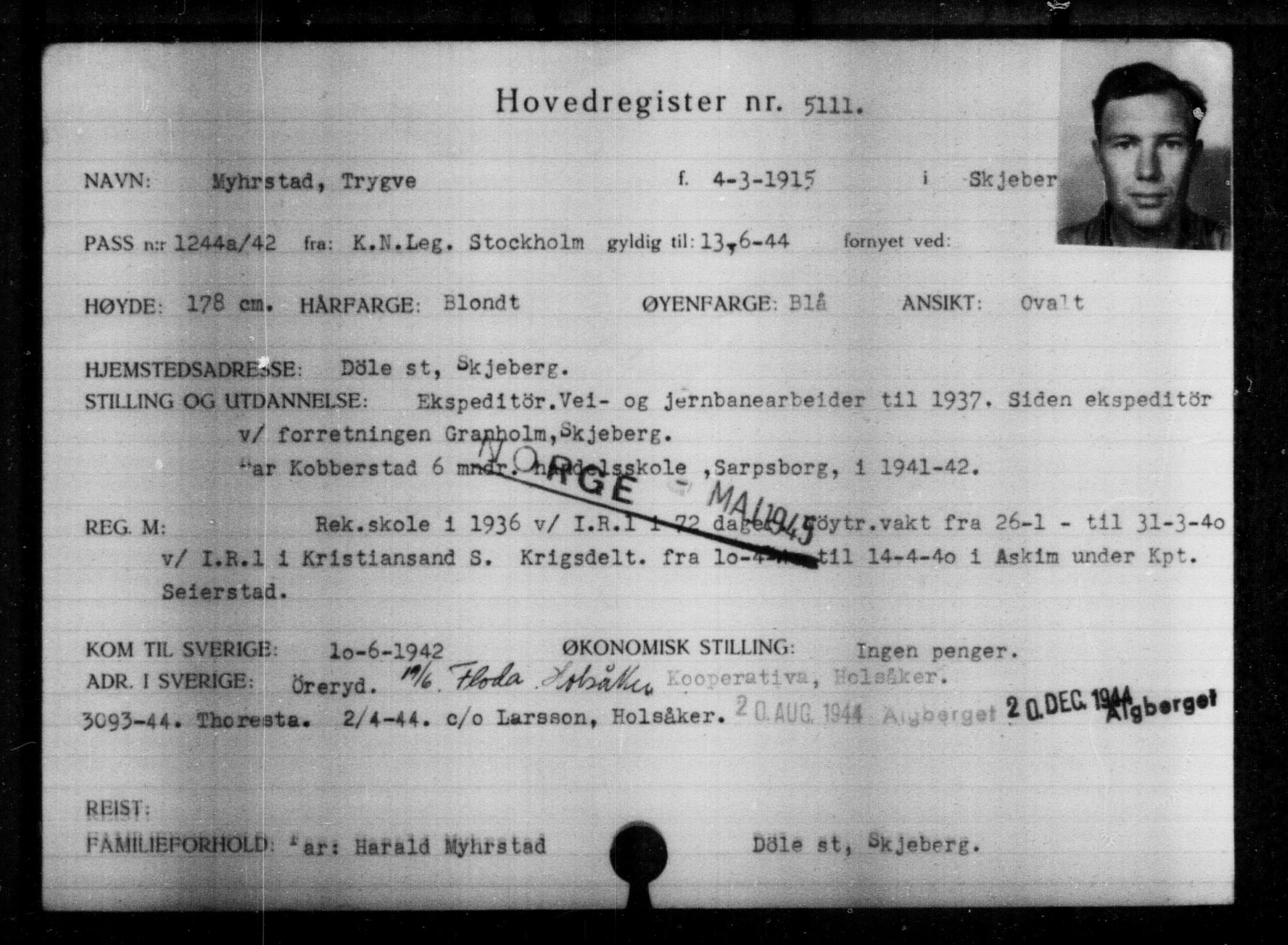 Utenriksstasjonene, Legasjonen i Stockholm, Flyktningkontoret, AV/RA-S-6753/V/Va/L0004: Kjesäterkartoteket, flyktninger med registreringsnr. 3496-6610, 1940-1945, p. 1904