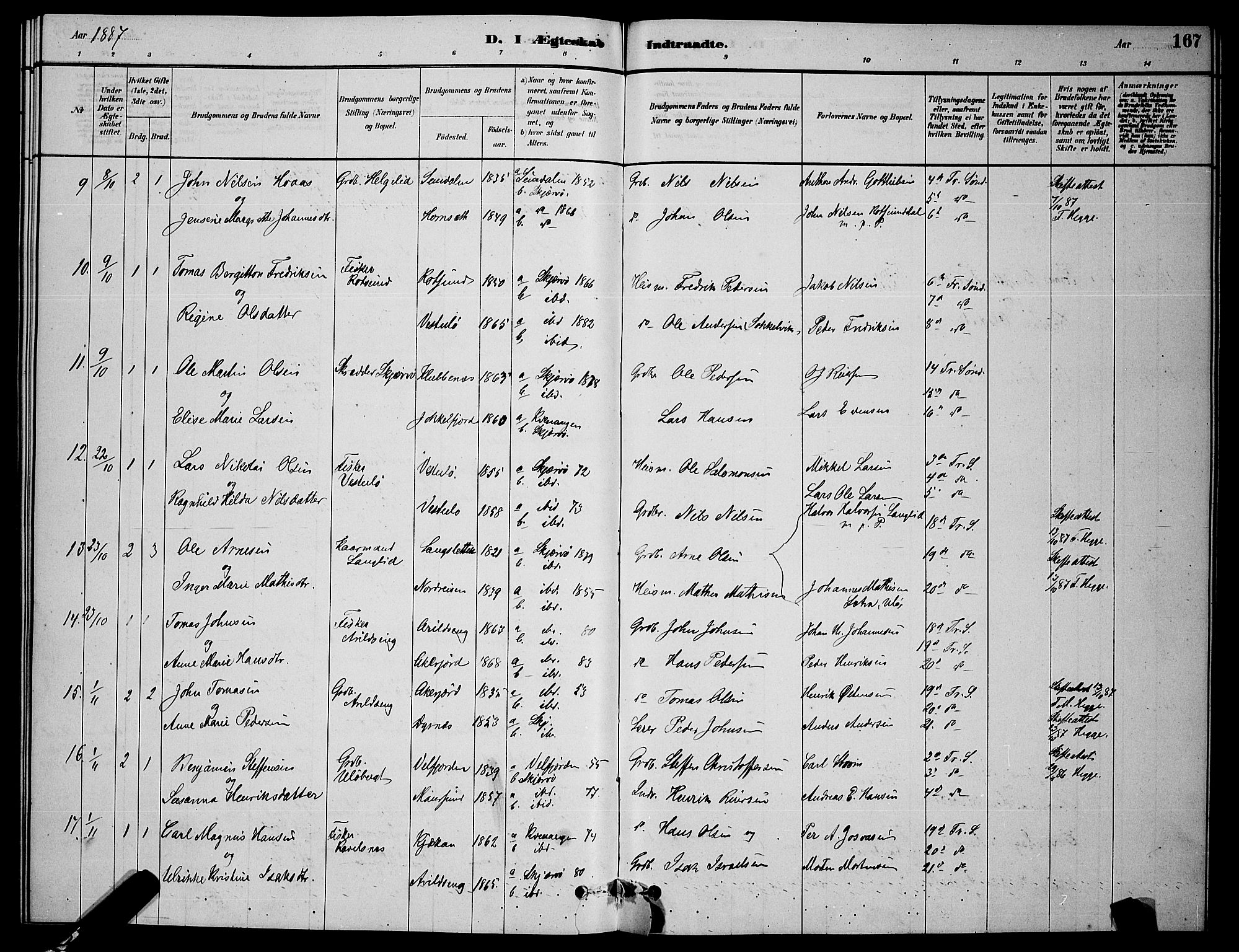 Skjervøy sokneprestkontor, SATØ/S-1300/H/Ha/Hab/L0006klokker: Parish register (copy) no. 6, 1878-1888, p. 167