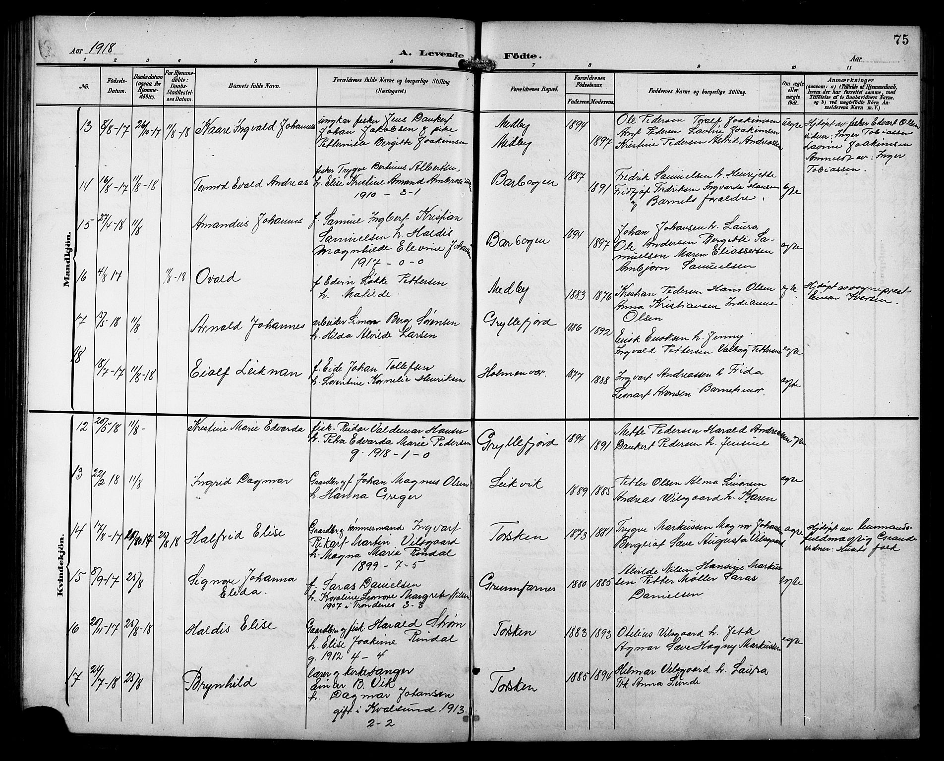 Berg sokneprestkontor, AV/SATØ-S-1318/G/Ga/Gab/L0013klokker: Parish register (copy) no. 13, 1902-1922, p. 75