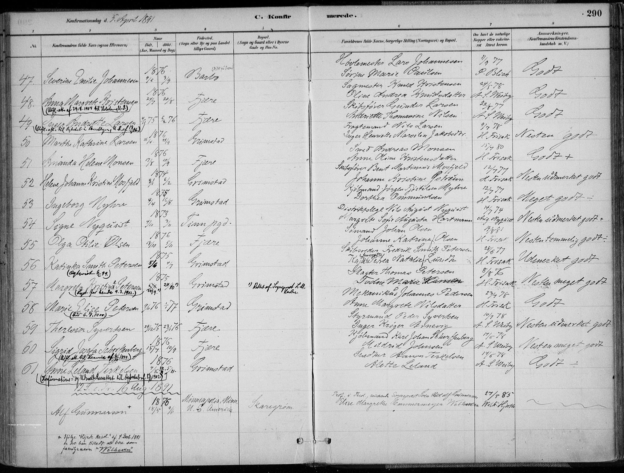 Grimstad sokneprestkontor, SAK/1111-0017/F/Fa/L0003: Parish register (official) no. A 2, 1882-1912, p. 290