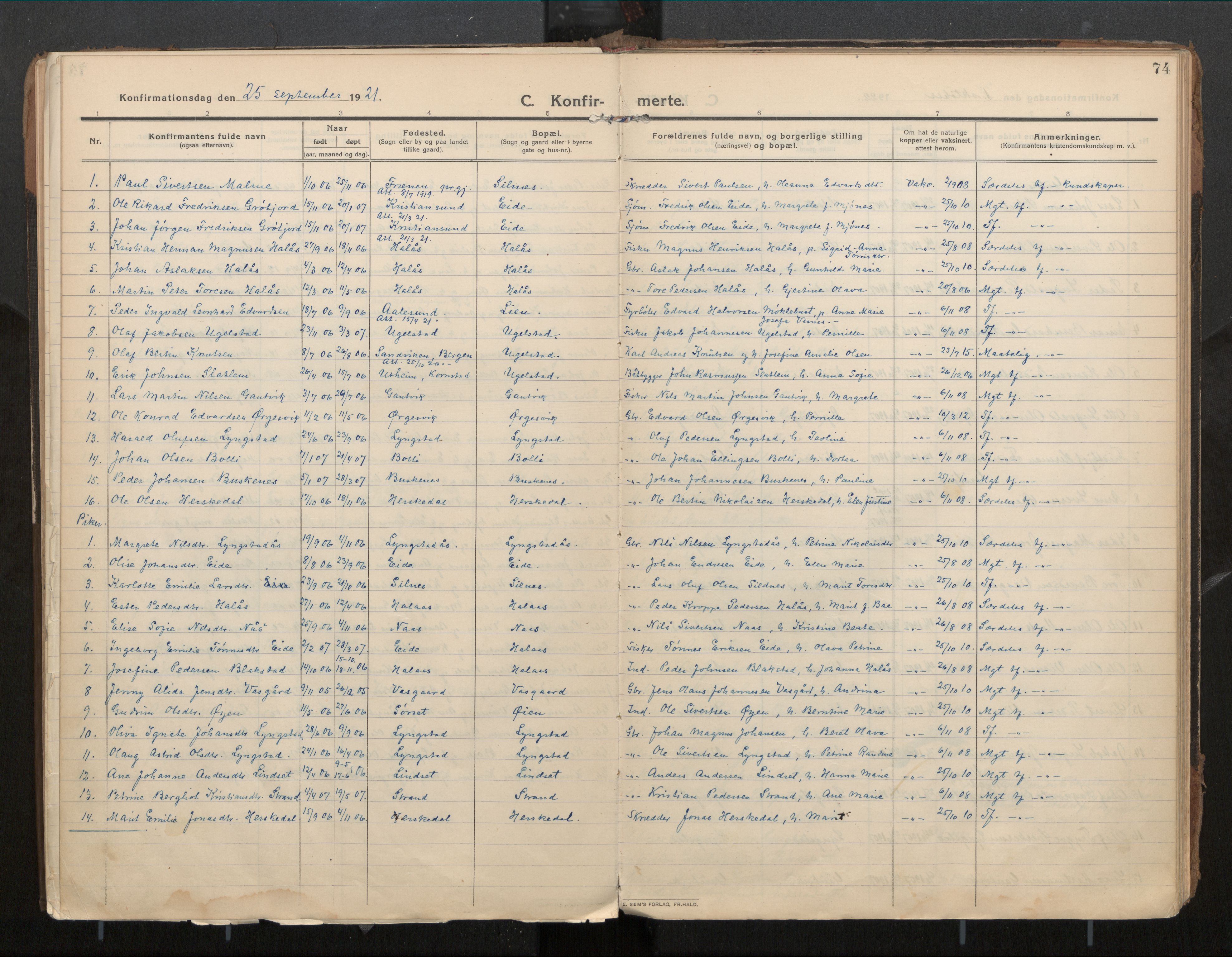 Ministerialprotokoller, klokkerbøker og fødselsregistre - Møre og Romsdal, SAT/A-1454/571/L0836b: Parish register (official) no. 571A03, 1911-1926, p. 74