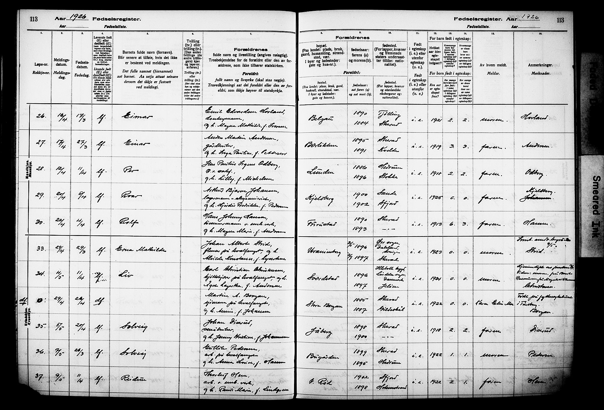 Sandar kirkebøker, AV/SAKO-A-243/J/Ja/L0002: Birth register no. 2, 1922-1929, p. 113