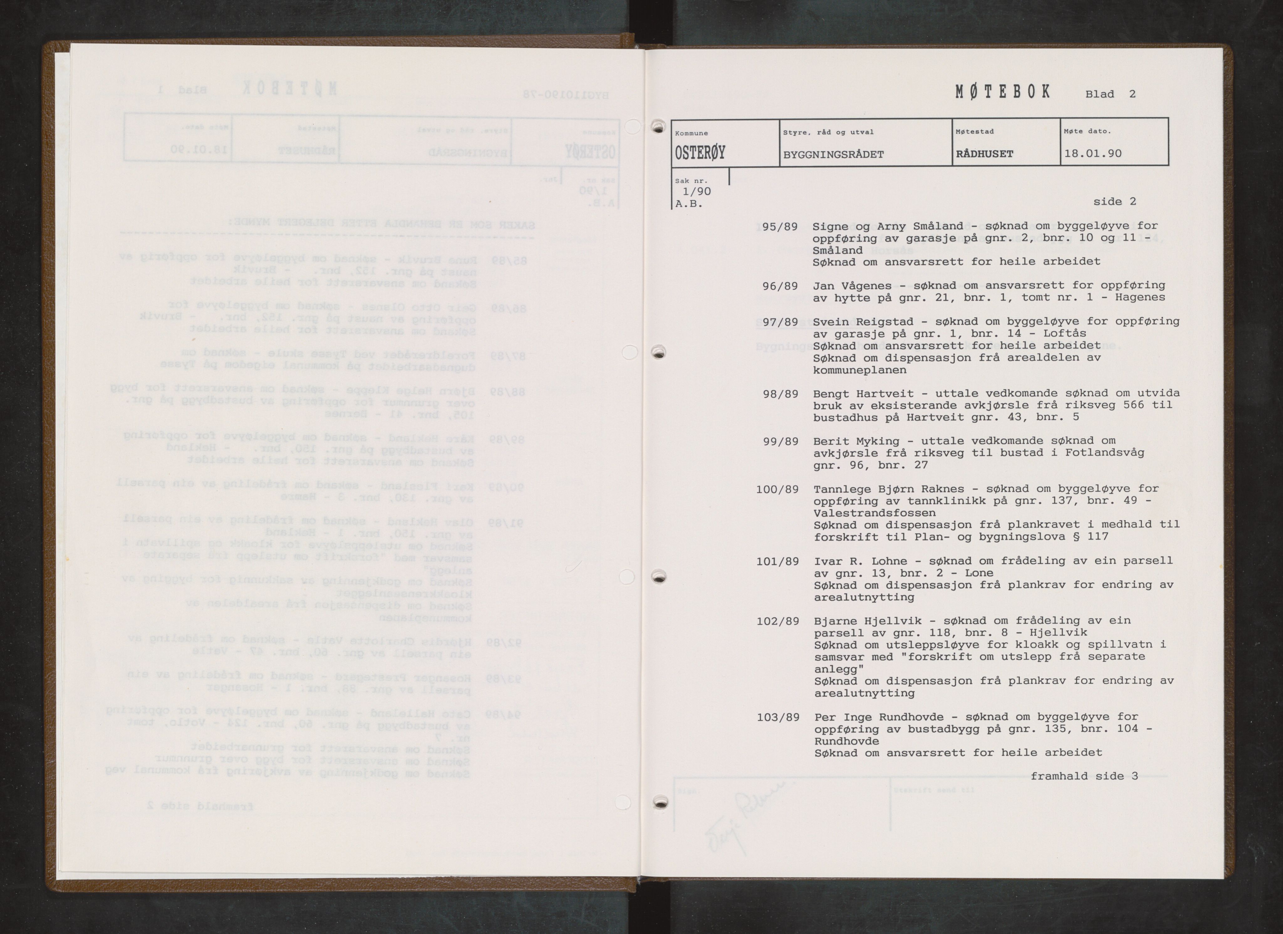 Osterøy kommune. Bygningsrådet, IKAH/1253b-511/A/Aa/L0024: Møtebok Osterøy bygningsråd, 1990