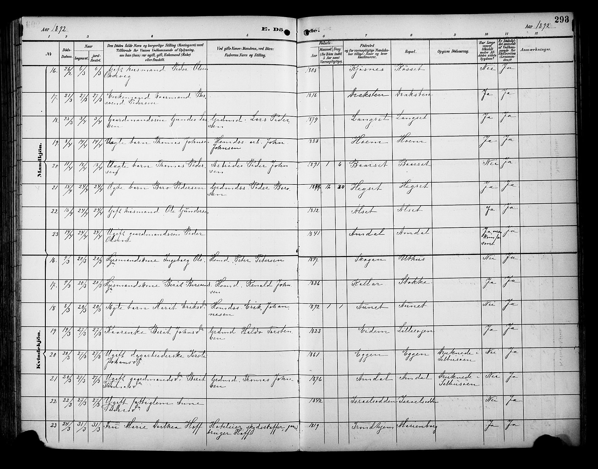 Ministerialprotokoller, klokkerbøker og fødselsregistre - Sør-Trøndelag, SAT/A-1456/695/L1149: Parish register (official) no. 695A09, 1891-1902, p. 293