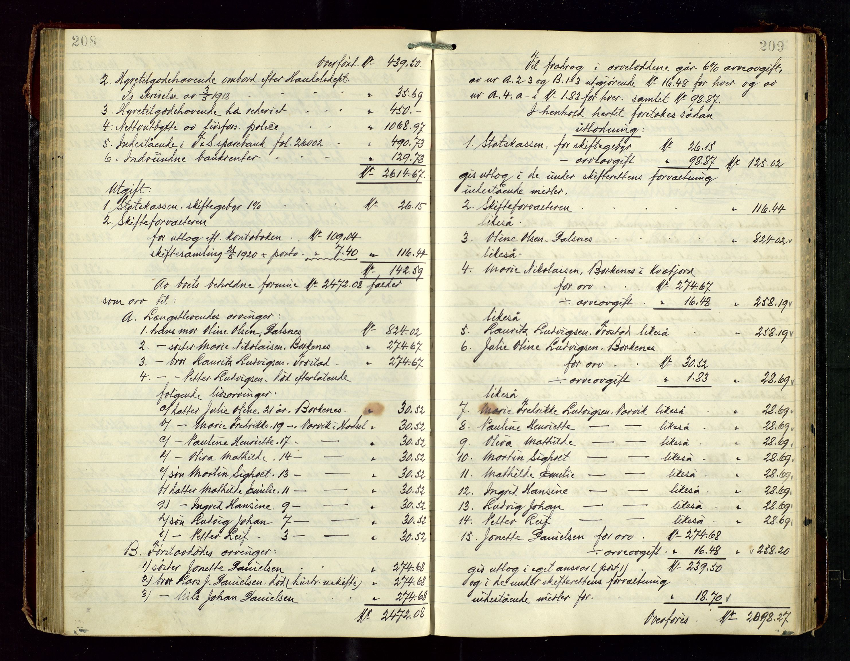 Haugesund tingrett, AV/SAST-A-101415/01/IV/IVD/L0003: Skifteutlodningsprotokoll, med register, 1915-1924, p. 208-209