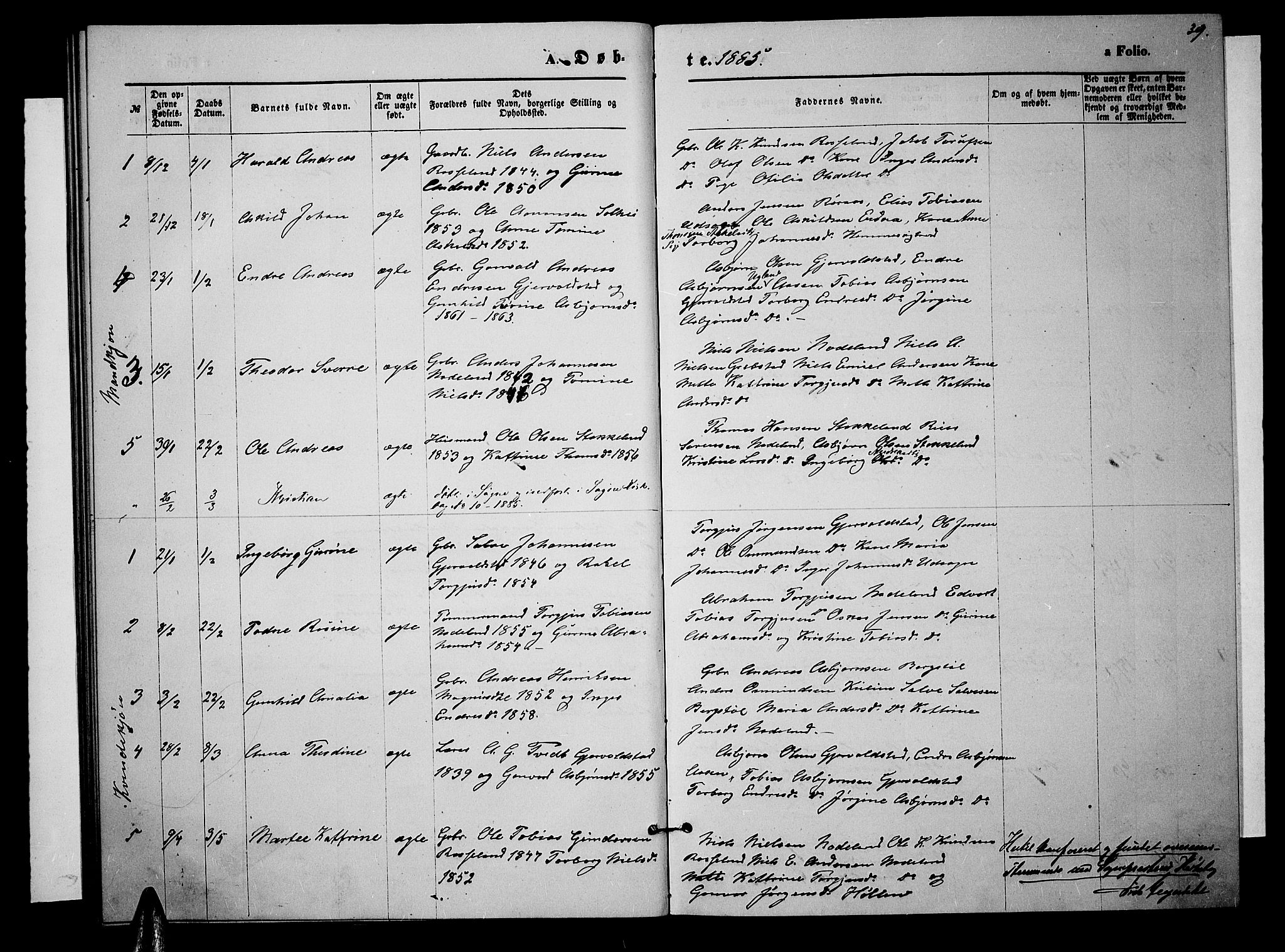 Søgne sokneprestkontor, AV/SAK-1111-0037/F/Fb/Fba/L0003: Parish register (copy) no. B 3, 1874-1887, p. 39