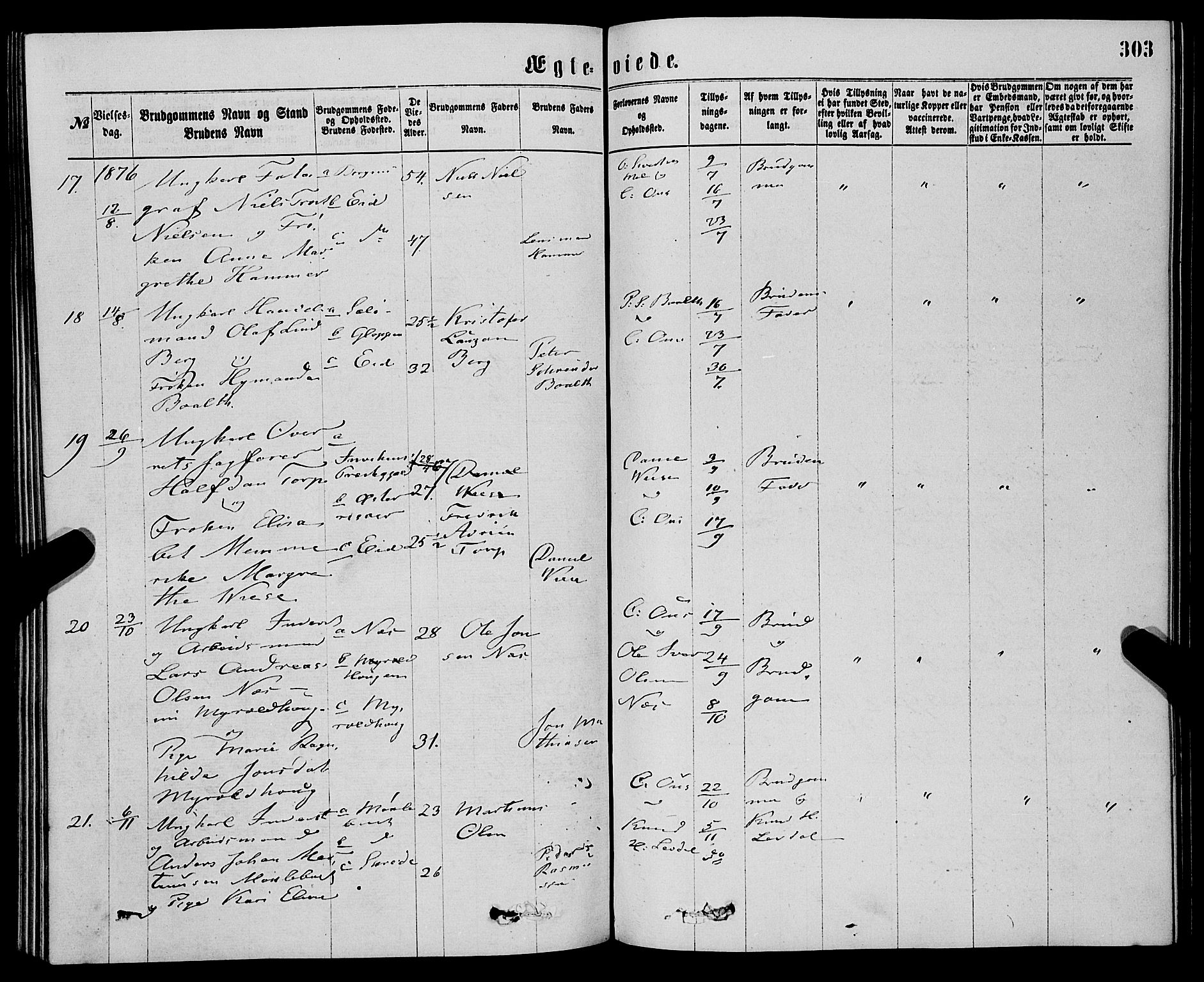 Eid sokneprestembete, AV/SAB-A-82301/H/Haa/Haaa/L0010: Parish register (official) no. A 10, 1867-1878, p. 303