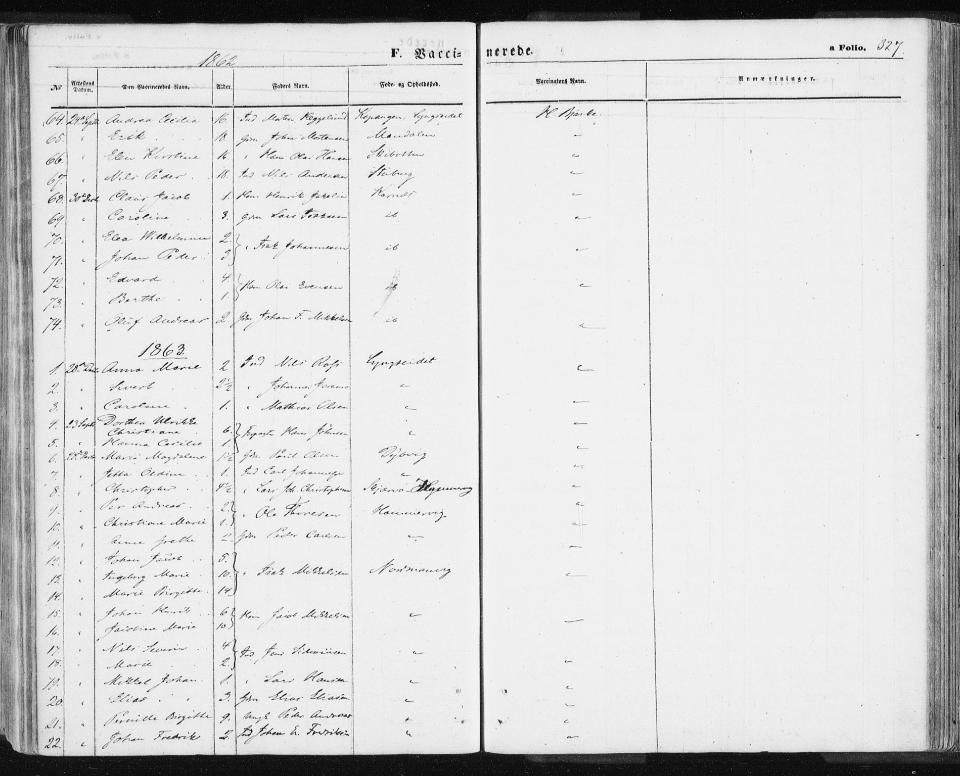 Lyngen sokneprestembete, AV/SATØ-S-1289/H/He/Hea/L0005kirke: Parish register (official) no. 5, 1859-1869, p. 327