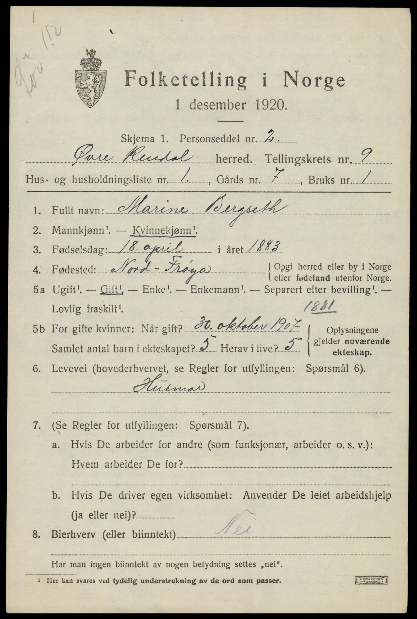 SAH, 1920 census for Øvre Rendal, 1920, p. 3247