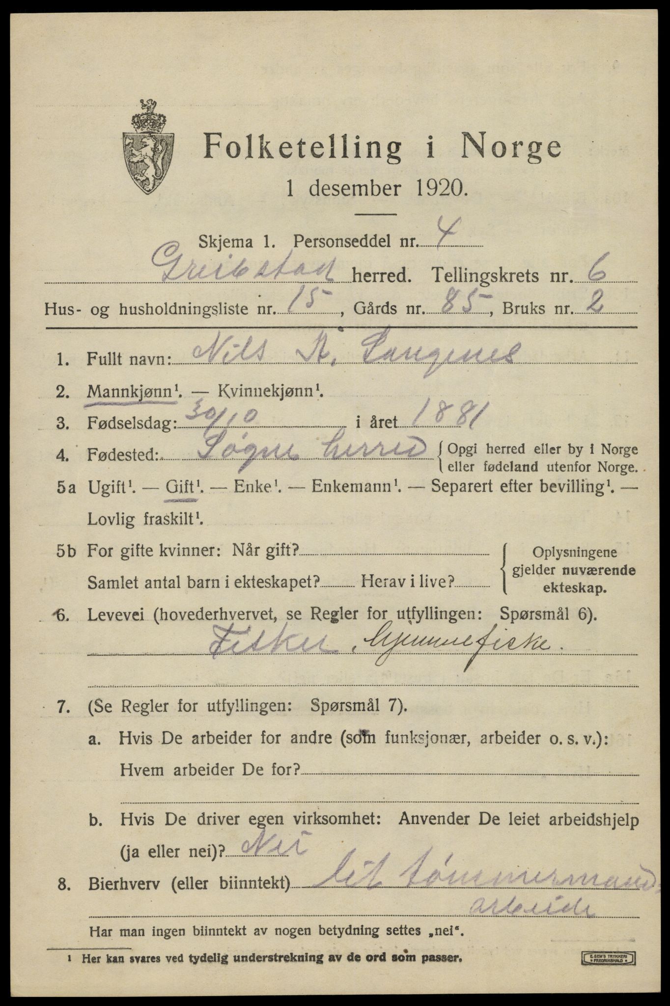 SAK, 1920 census for Greipstad, 1920, p. 2062