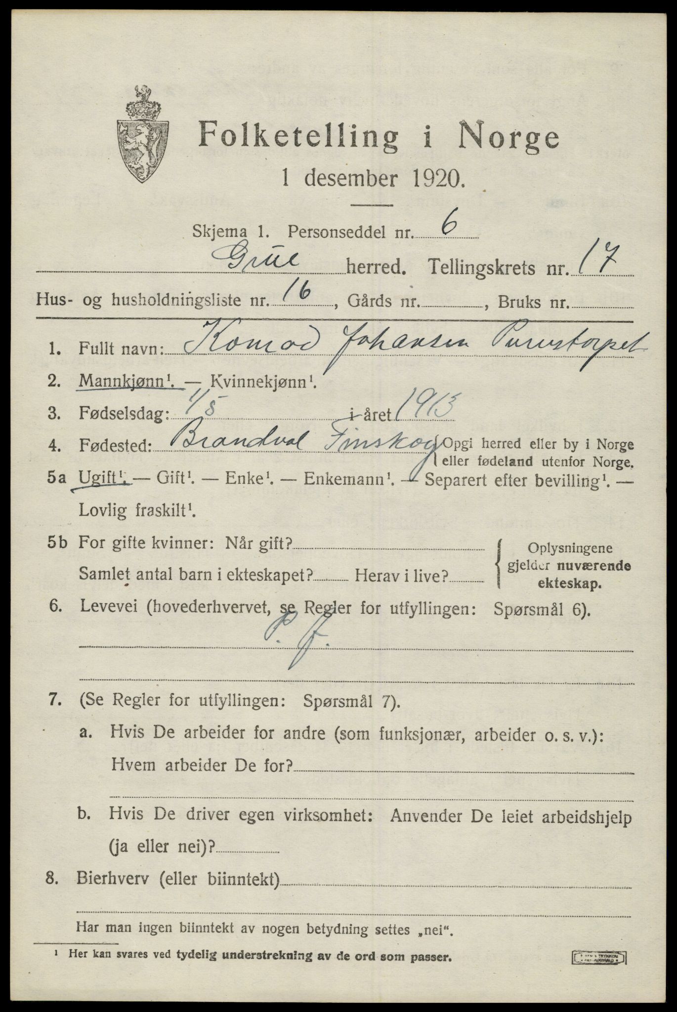 SAH, 1920 census for Grue, 1920, p. 13971