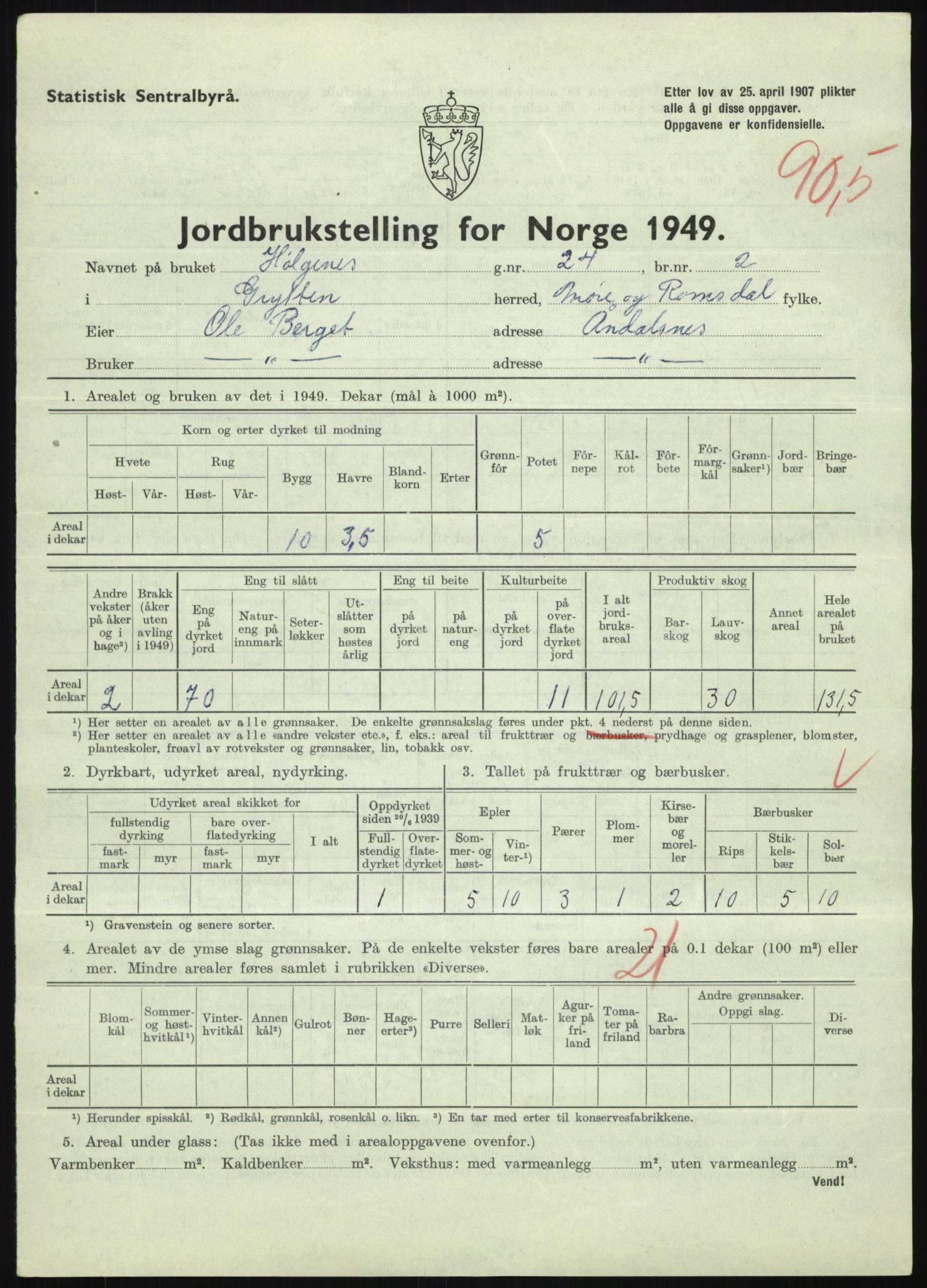 Statistisk sentralbyrå, Næringsøkonomiske emner, Jordbruk, skogbruk, jakt, fiske og fangst, AV/RA-S-2234/G/Gc/L0323: Møre og Romsdal: Grytten og Hen, 1949, p. 367