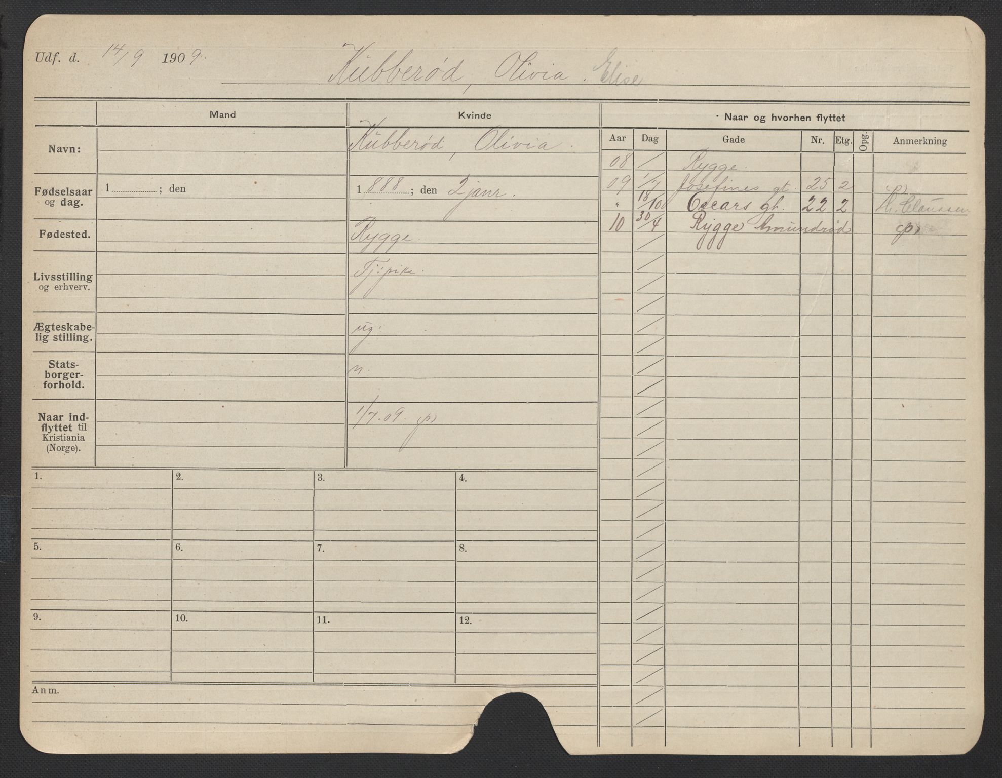 Oslo folkeregister, Registerkort, AV/SAO-A-11715/F/Fa/Fac/L0019: Kvinner, 1906-1914, p. 628a