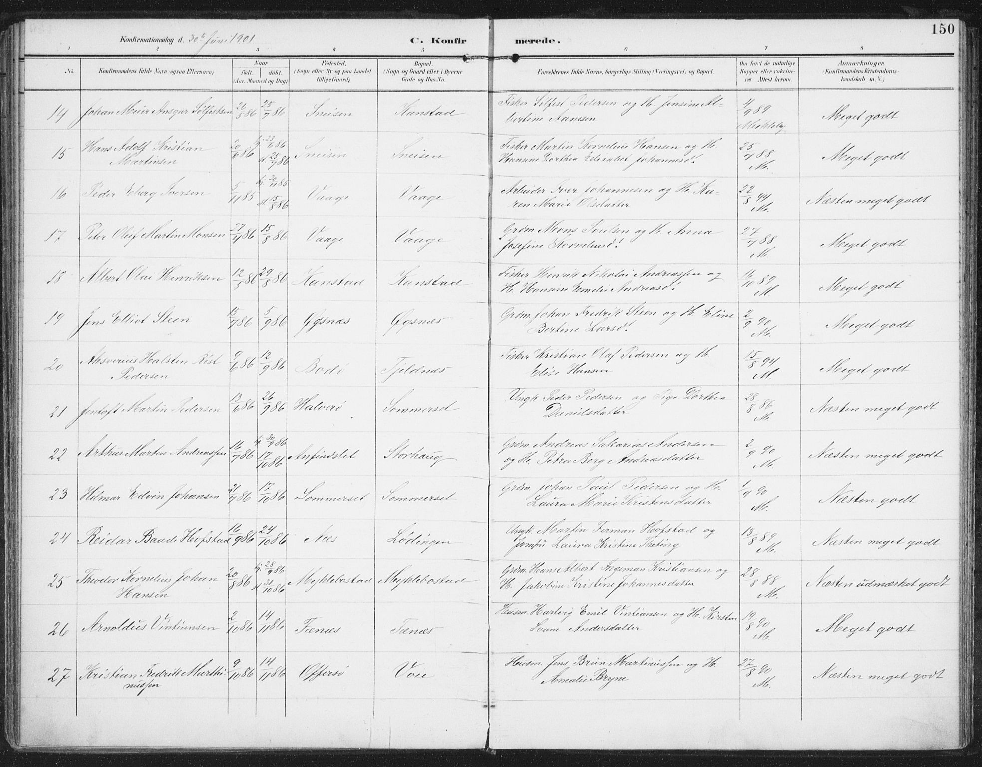 Ministerialprotokoller, klokkerbøker og fødselsregistre - Nordland, AV/SAT-A-1459/872/L1036: Parish register (official) no. 872A11, 1897-1913, p. 150