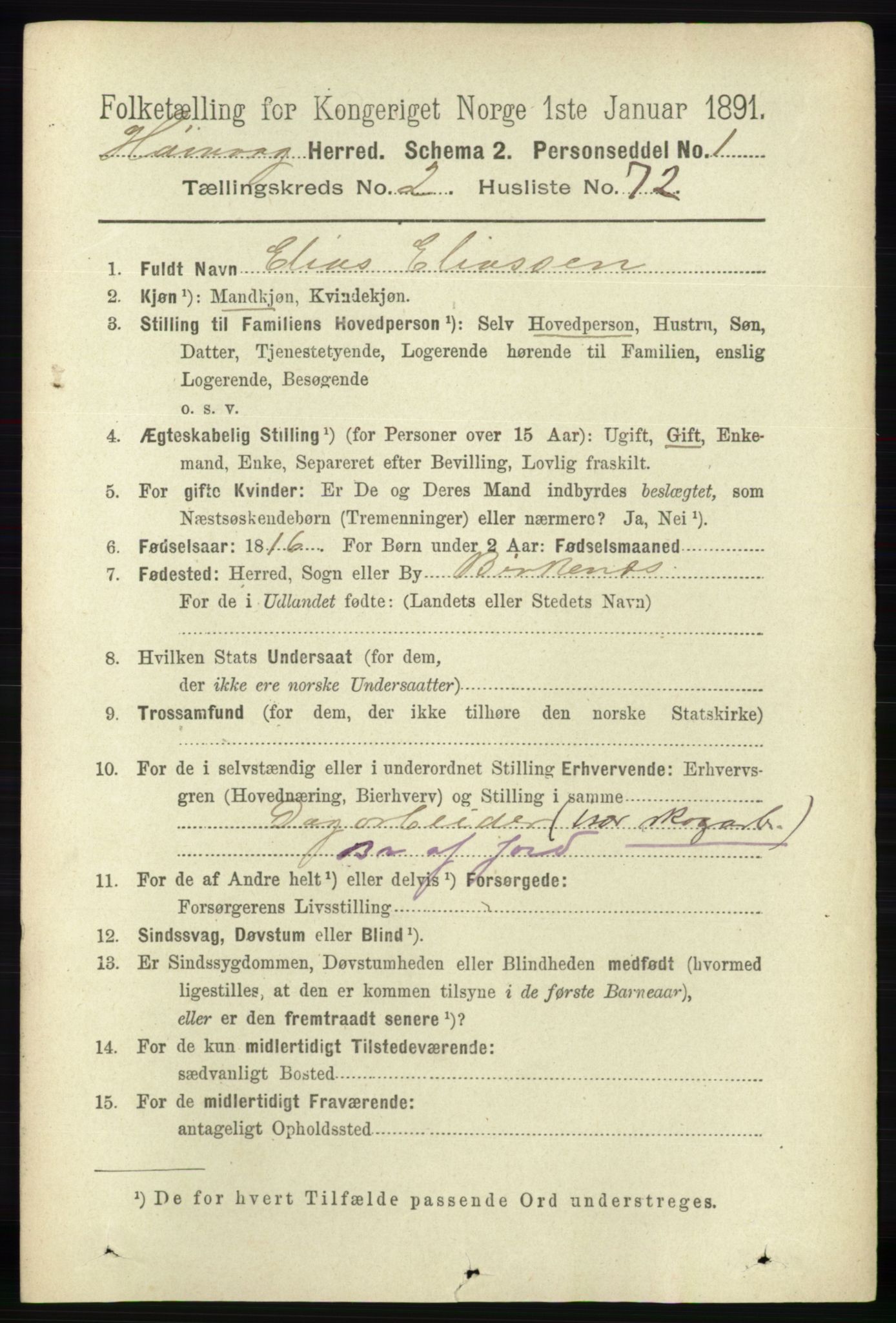 RA, 1891 census for 0927 Høvåg, 1891, p. 915