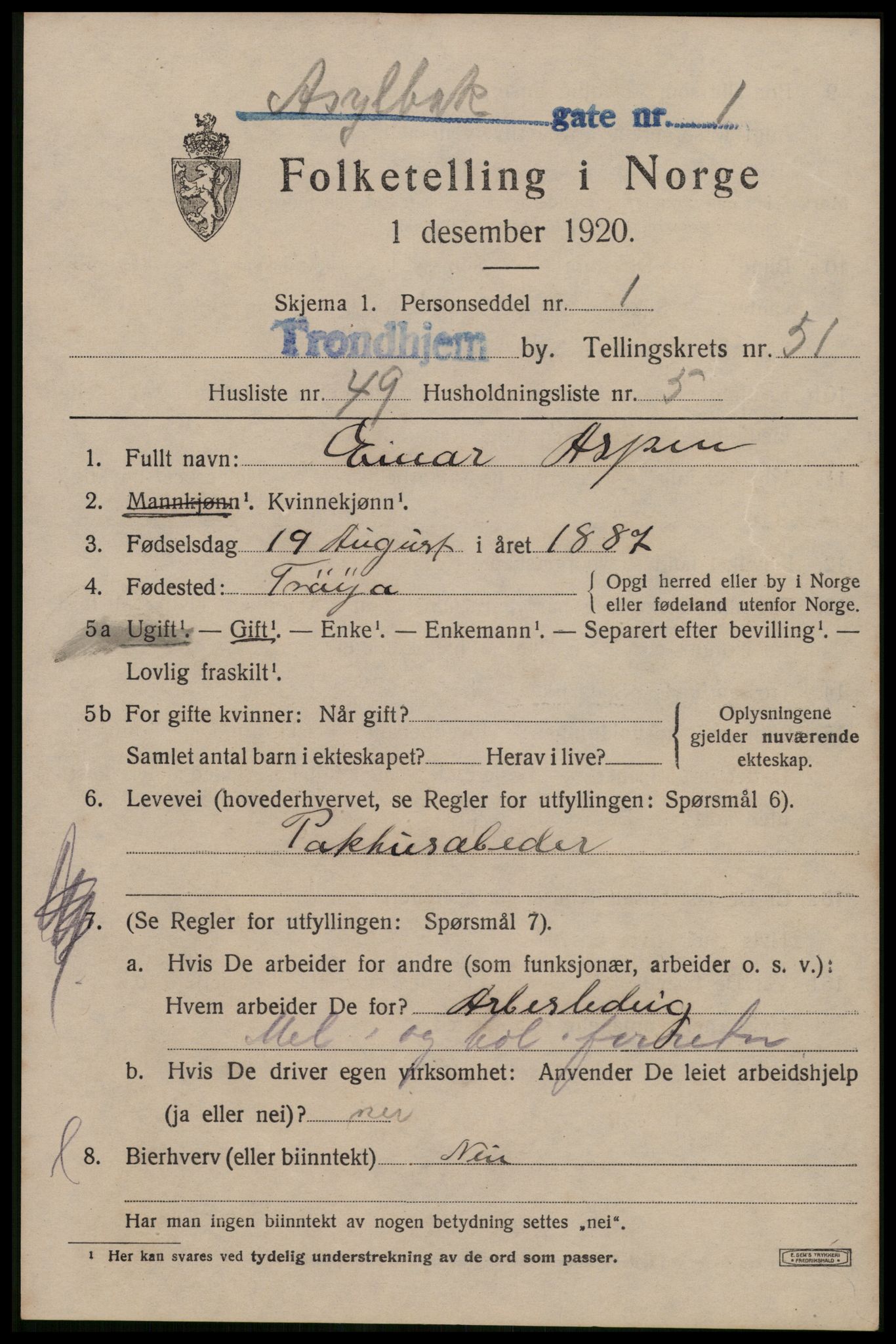 SAT, 1920 census for Trondheim, 1920, p. 106478