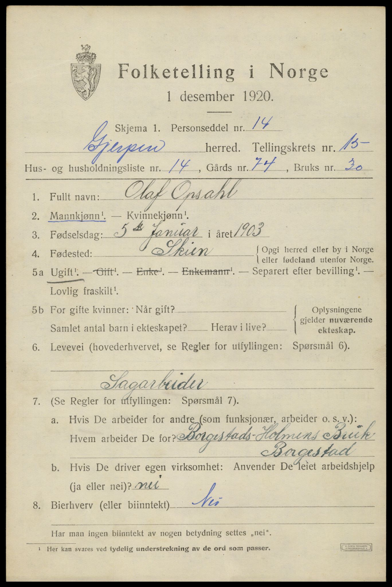 SAKO, 1920 census for Gjerpen, 1920, p. 17388