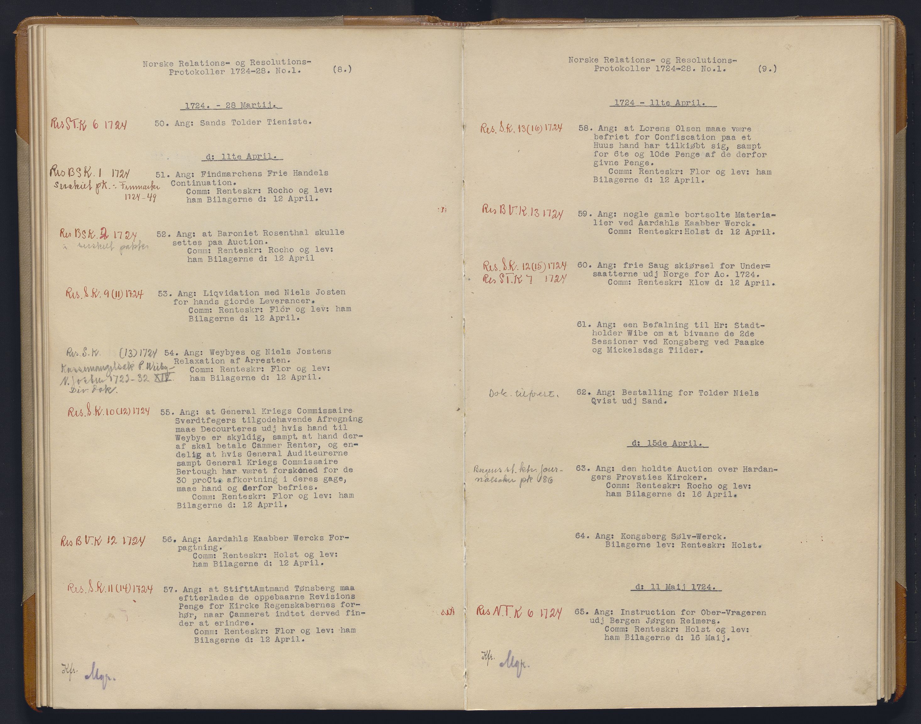 Avskriftsamlingen, AV/RA-EA-4022/F/Fb/L0115: Registratur over norske Relasjons- og resolusjonsprotkoller, 1724-1728, p. 24