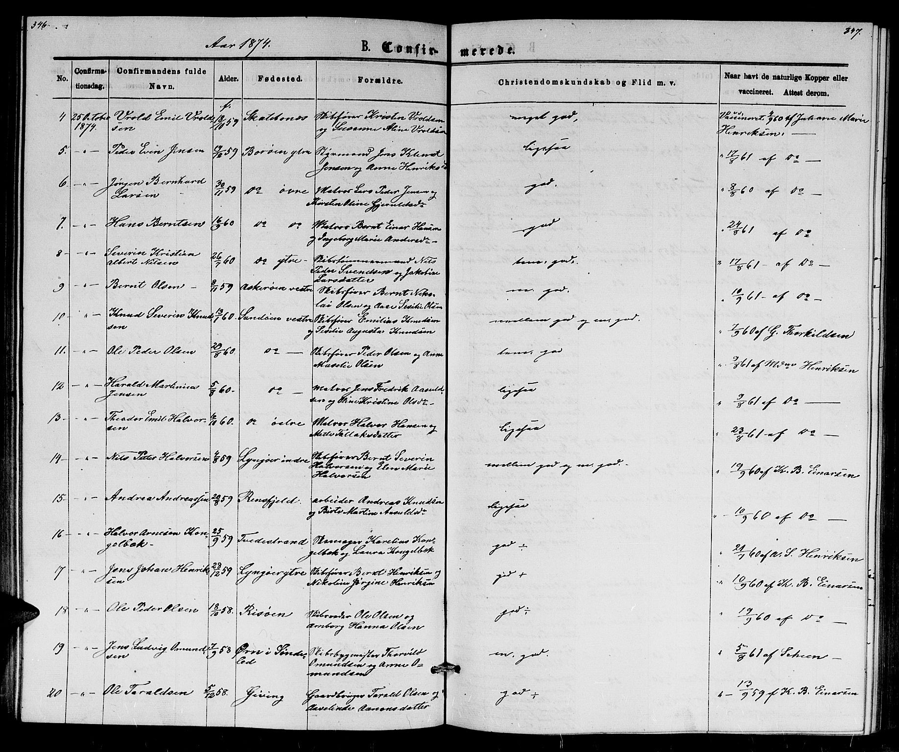 Dypvåg sokneprestkontor, SAK/1111-0007/F/Fb/Fba/L0012: Parish register (copy) no. B 12, 1872-1886, p. 346-347