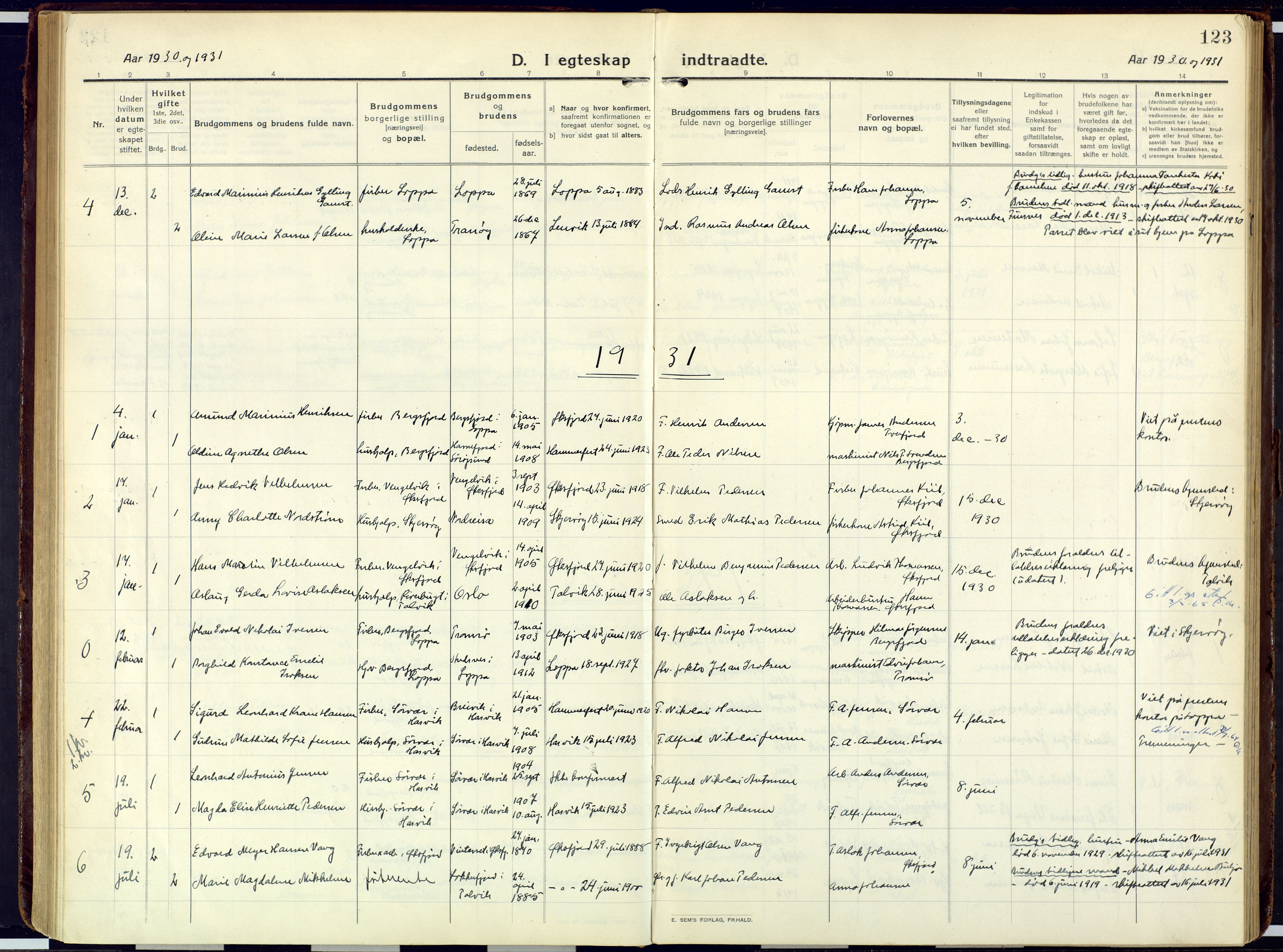Loppa sokneprestkontor, SATØ/S-1339/H/Ha/L0013kirke: Parish register (official) no. 13, 1920-1932, p. 123