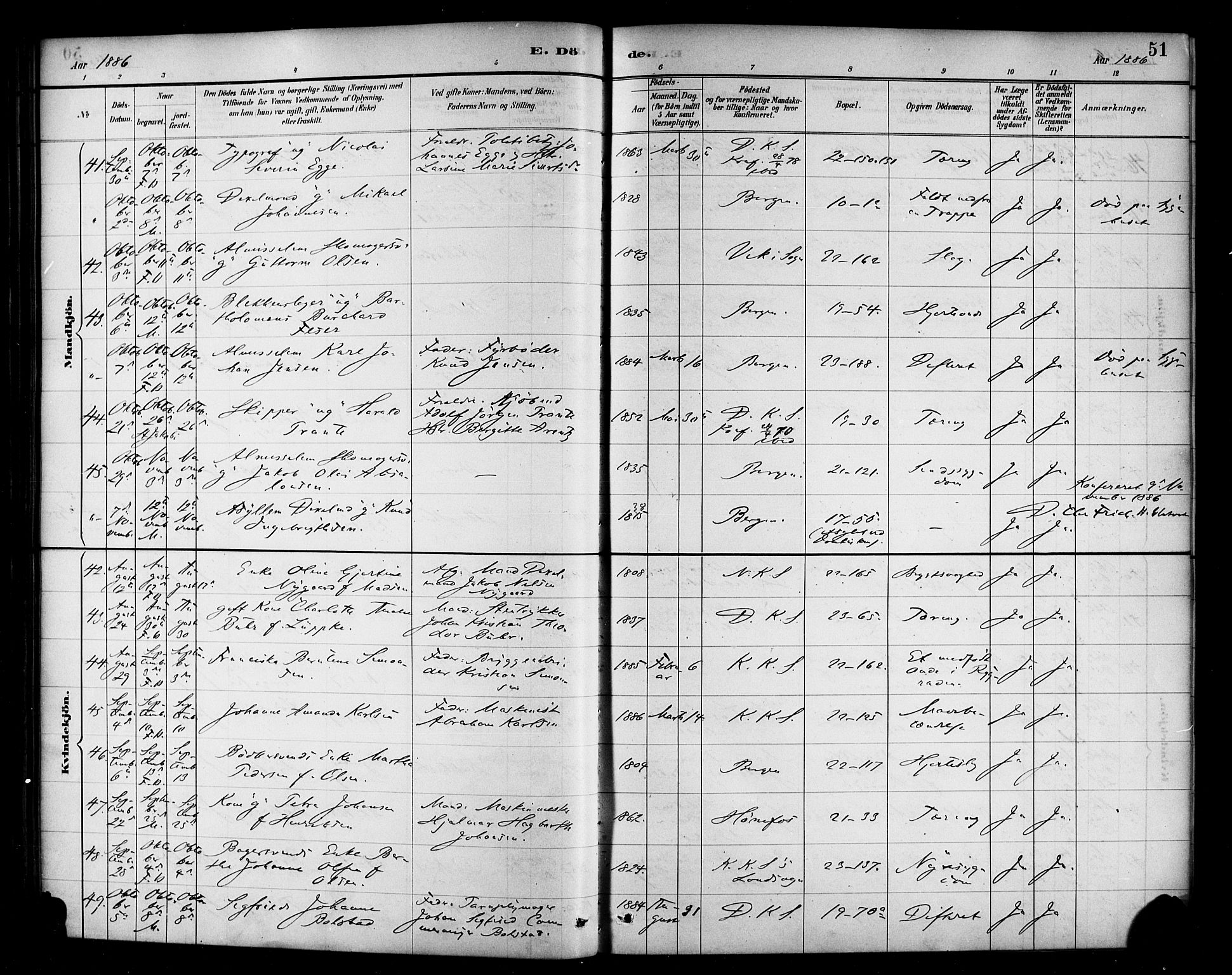 Korskirken sokneprestembete, AV/SAB-A-76101/H/Haa/L0047: Parish register (official) no. E 5, 1884-1910, p. 51