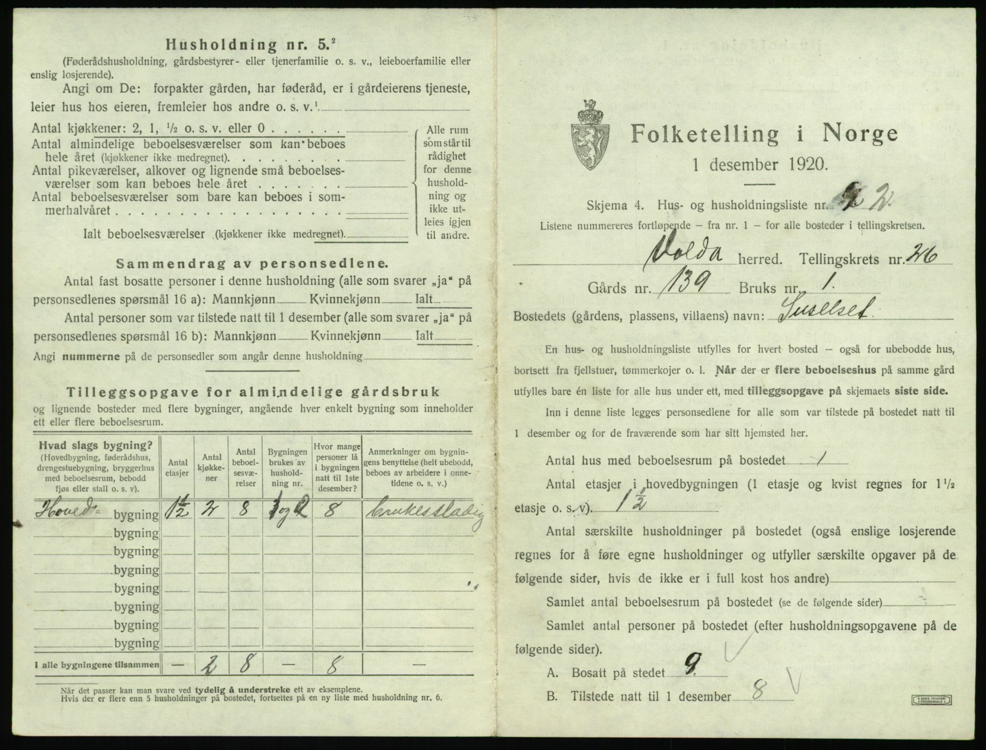 SAT, 1920 census for Volda, 1920, p. 1672