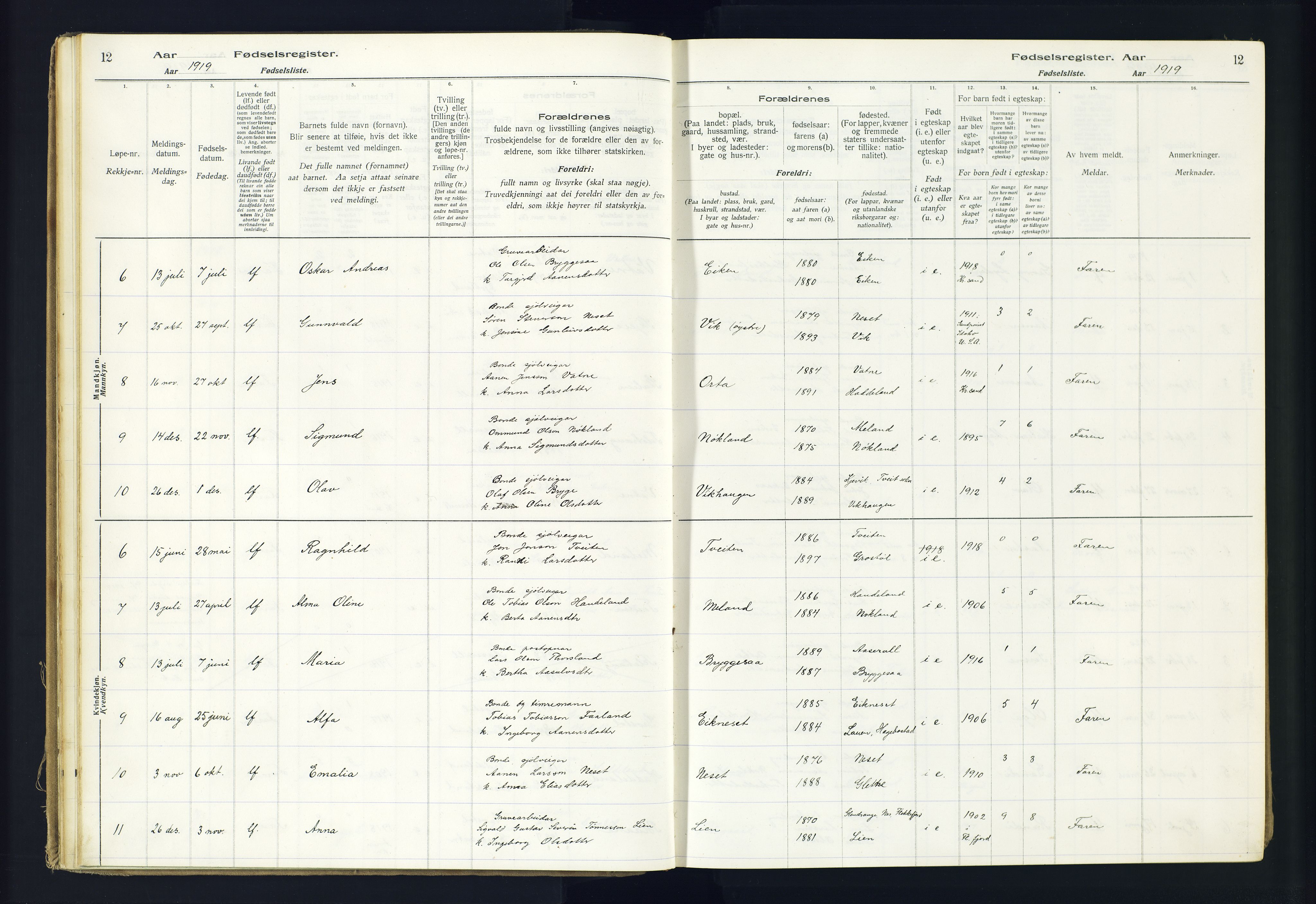 Hægebostad sokneprestkontor, AV/SAK-1111-0024/J/Ja/L0002: Birth register no. II.6.8, 1916-1982, p. 12