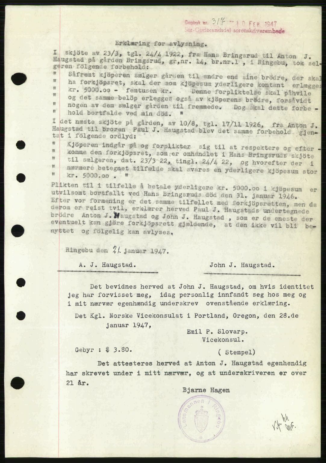 Sør-Gudbrandsdal tingrett, SAH/TING-004/H/Hb/Hbf/L0002: Mortgage book no. C1, 1938-1951, Diary no: : 317/1947