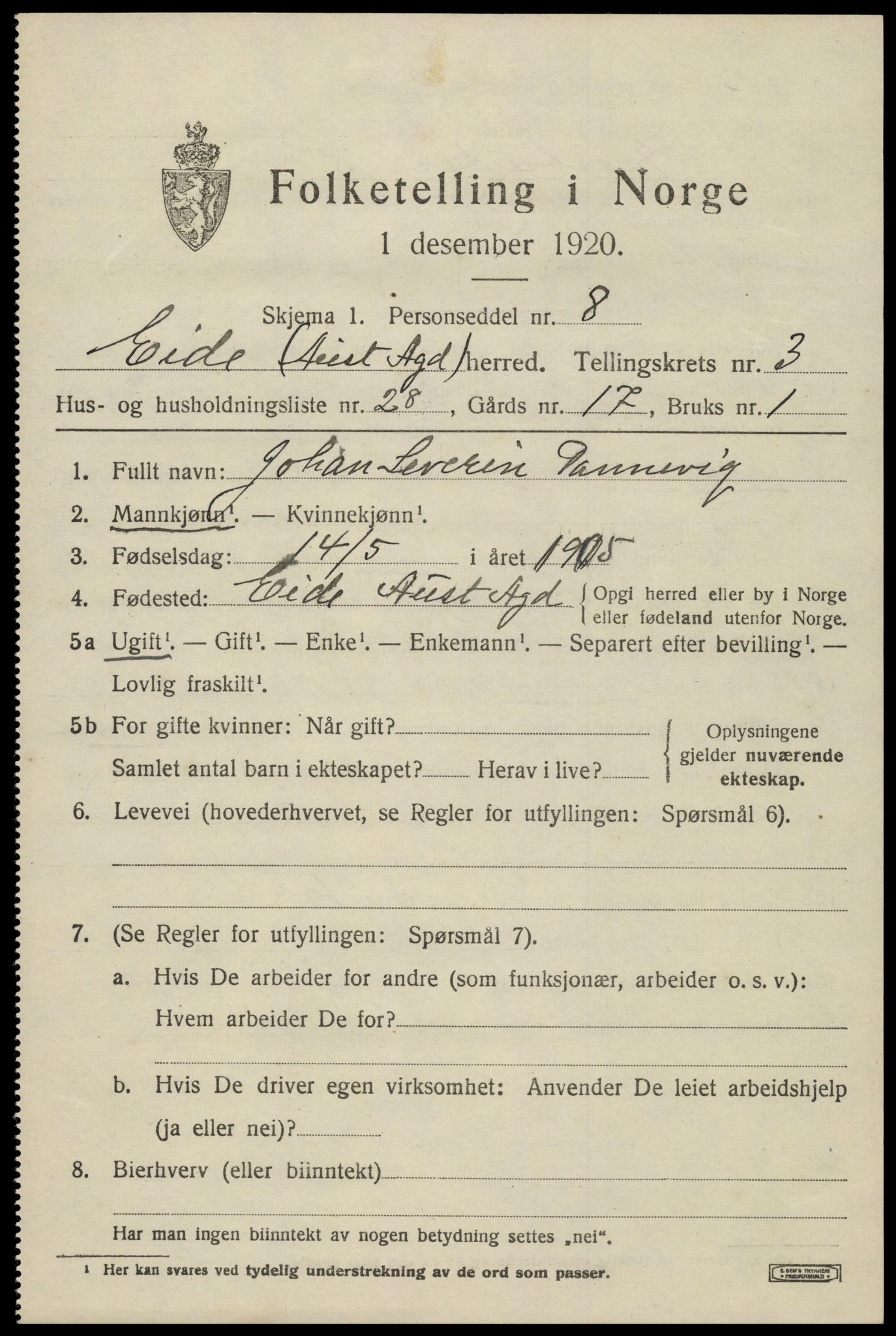 SAK, 1920 census for Eide, 1920, p. 1150