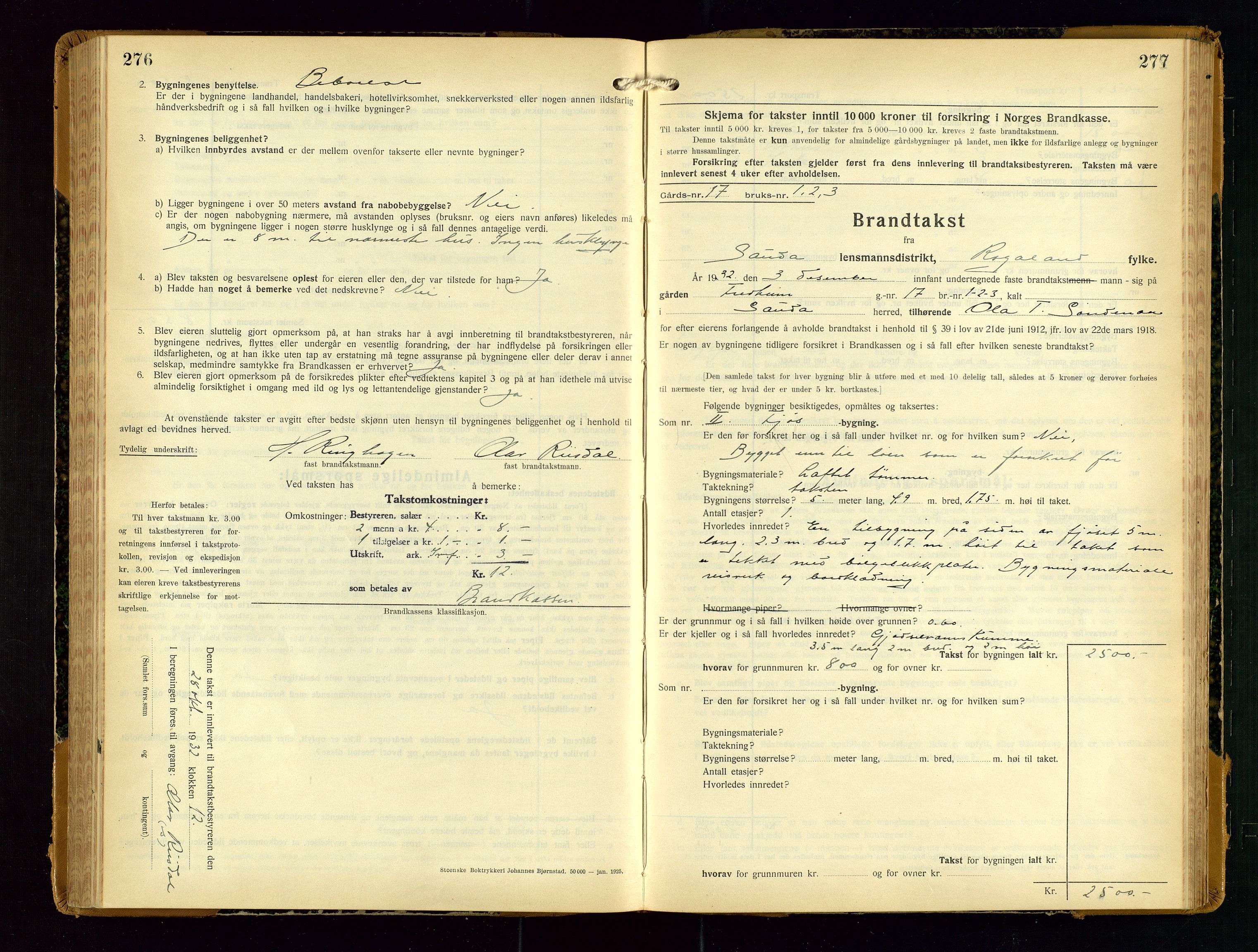 Sauda lensmannskontor, SAST/A-100177/Gob/L0003: Branntakstprotokoll - skjematakst, 1928-1936, p. 276-277