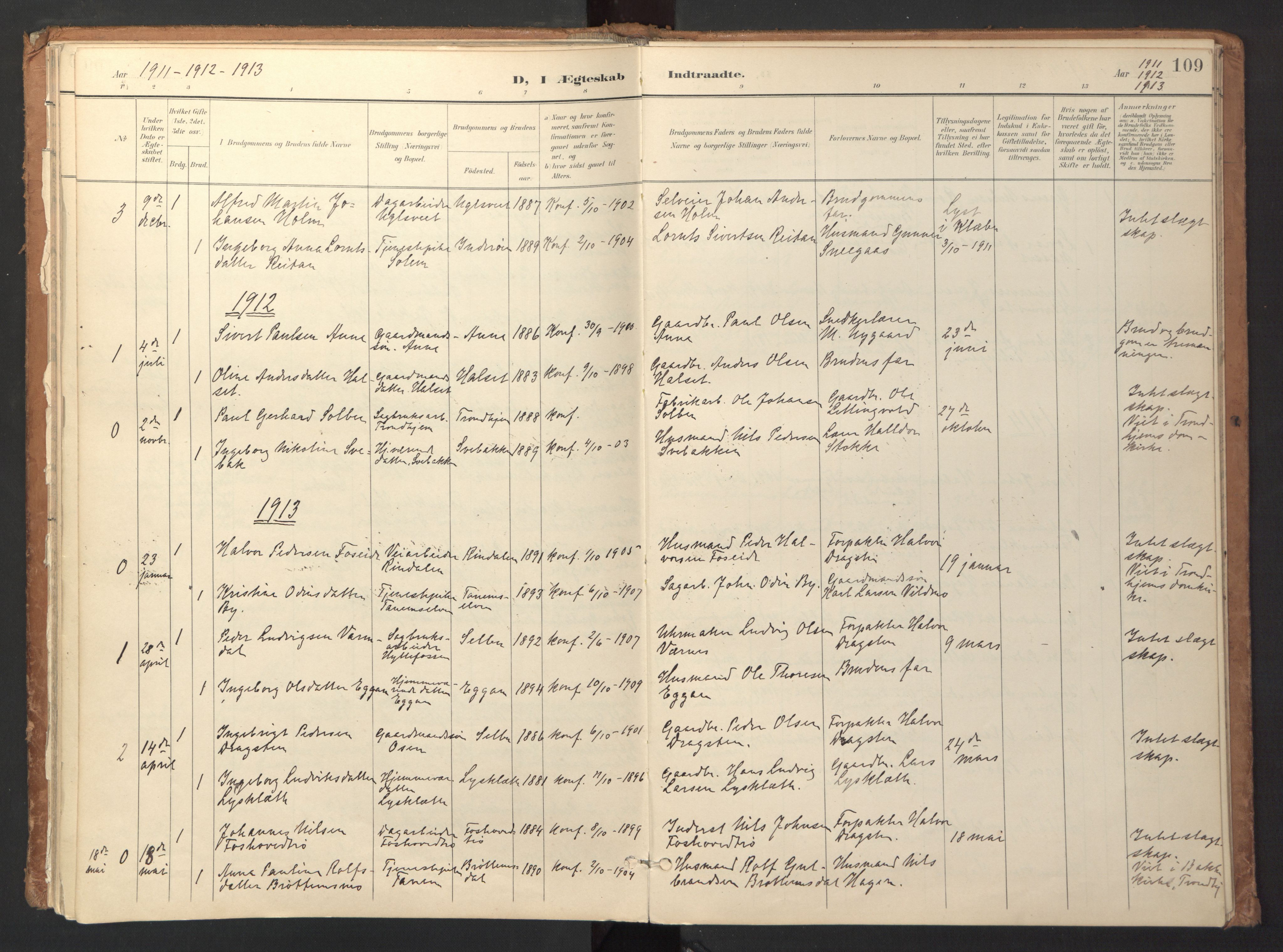 Ministerialprotokoller, klokkerbøker og fødselsregistre - Sør-Trøndelag, SAT/A-1456/618/L0448: Parish register (official) no. 618A11, 1898-1916, p. 109