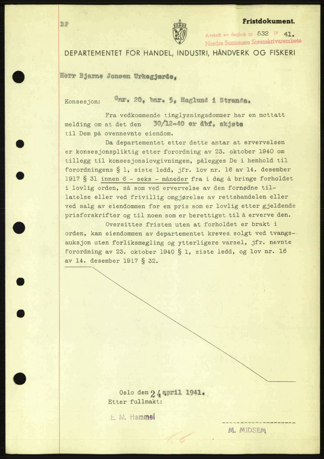 Nordre Sunnmøre sorenskriveri, AV/SAT-A-0006/1/2/2C/2Ca: Mortgage book no. B1-6, 1938-1942, Diary no: : 532/1941