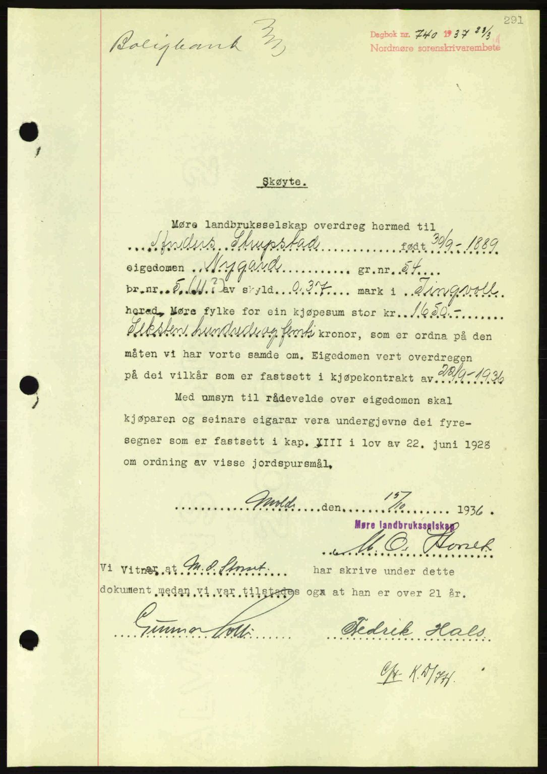 Nordmøre sorenskriveri, AV/SAT-A-4132/1/2/2Ca: Mortgage book no. A81, 1937-1937, Diary no: : 740/1937