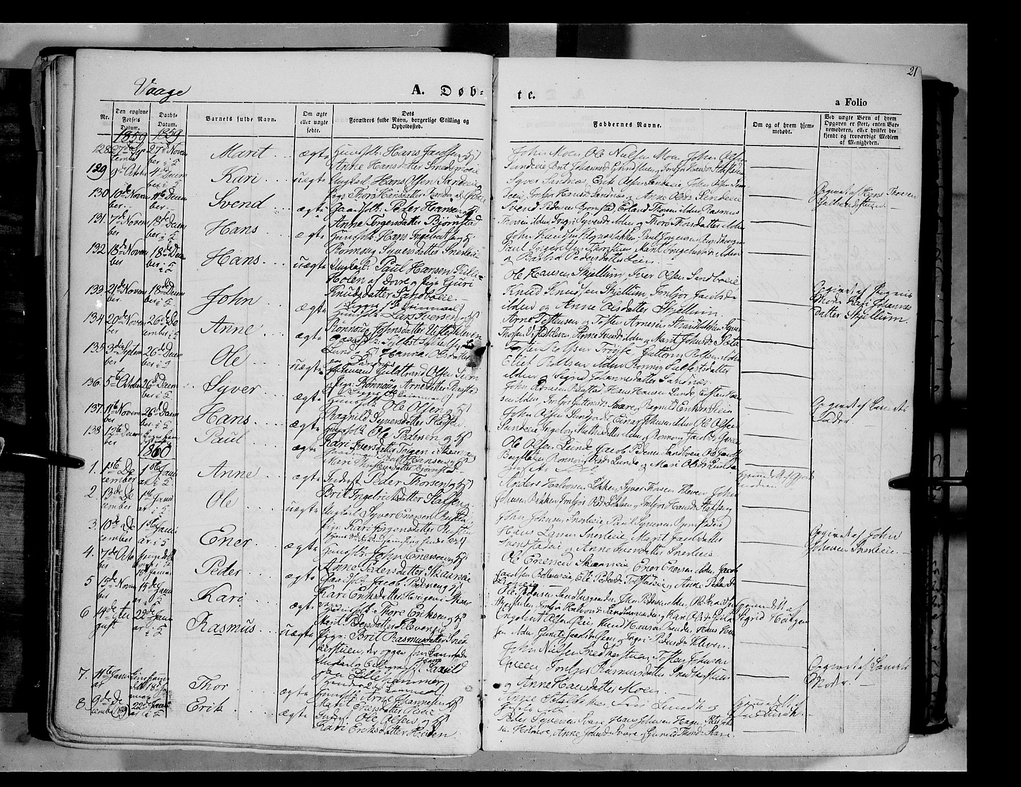 Vågå prestekontor, AV/SAH-PREST-076/H/Ha/Haa/L0006: Parish register (official) no. 6 /1, 1856-1872, p. 21