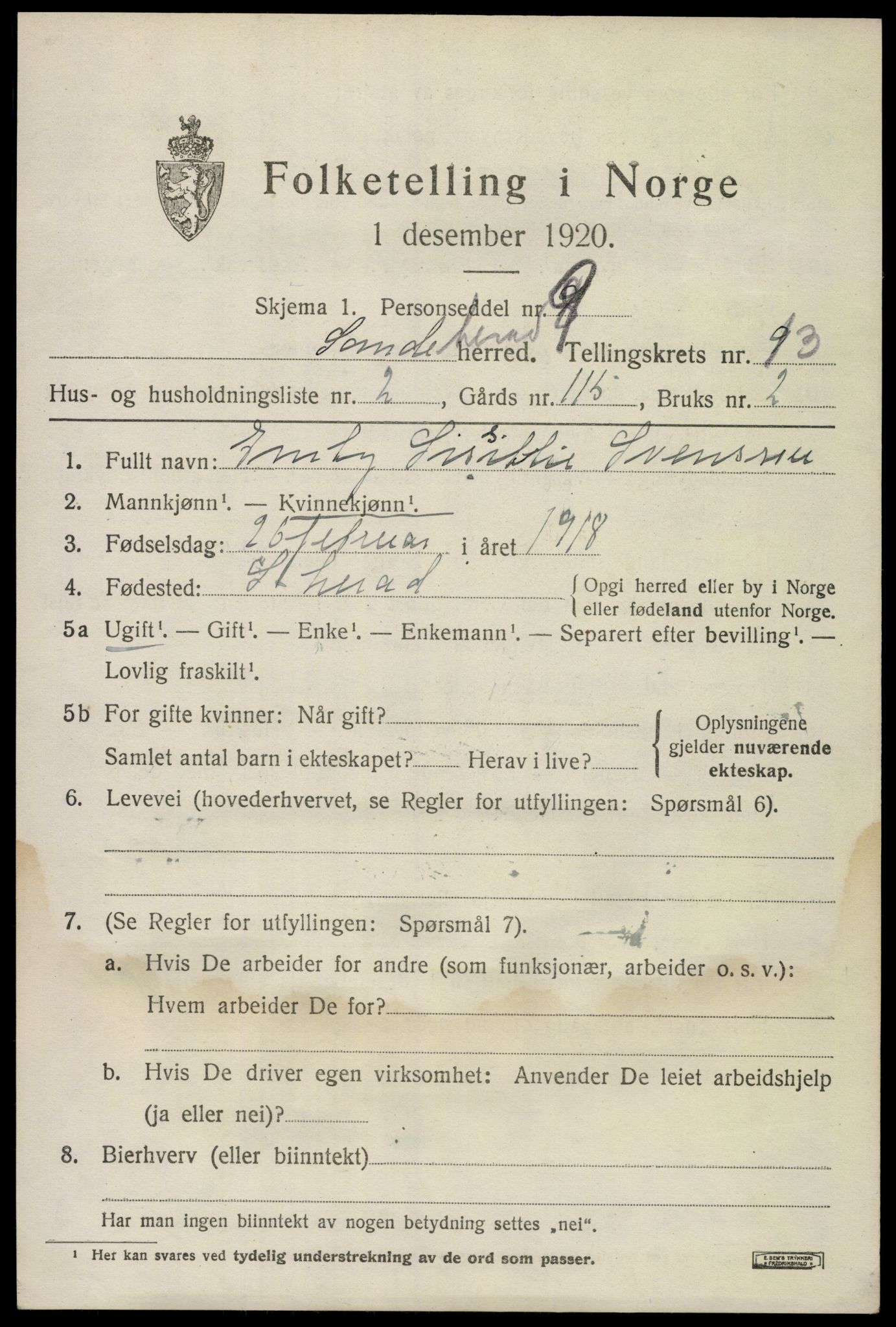 SAKO, 1920 census for Sandeherred, 1920, p. 19128