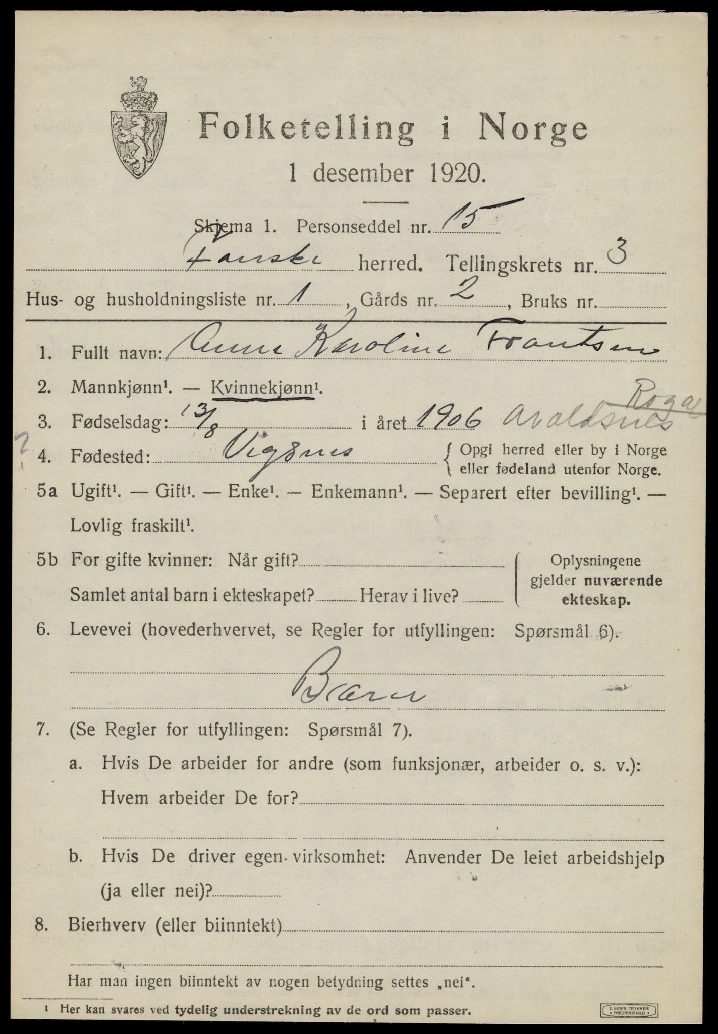 SAT, 1920 census for Fauske, 1920, p. 3512