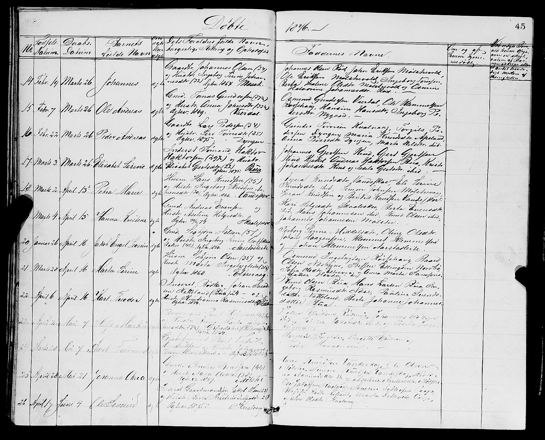 Sveio Sokneprestembete, SAB/A-78501/H/Hab: Parish register (copy) no. A 2, 1866-1877, p. 45