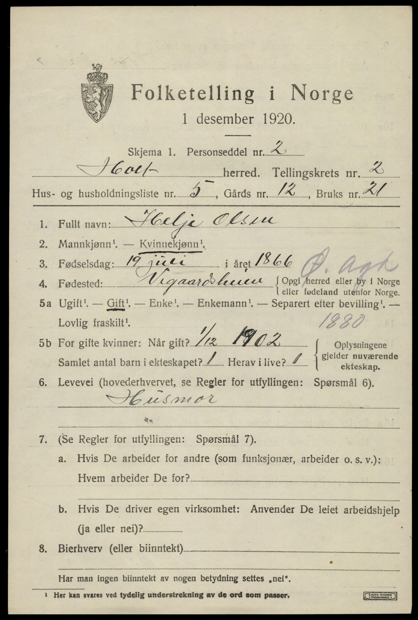 SAK, 1920 census for Holt, 1920, p. 2092