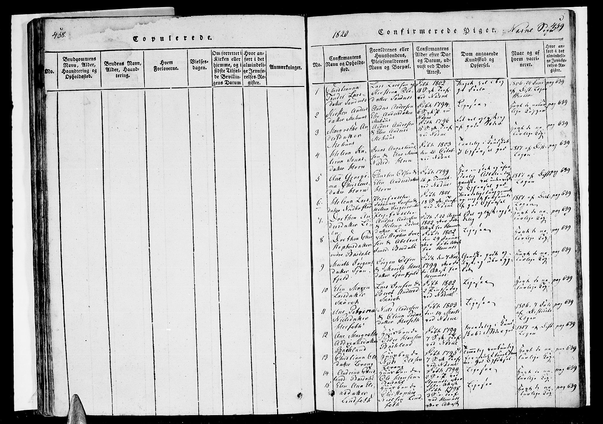 Ministerialprotokoller, klokkerbøker og fødselsregistre - Nordland, SAT/A-1459/838/L0546: Parish register (official) no. 838A05 /1, 1820-1828, p. 458-459