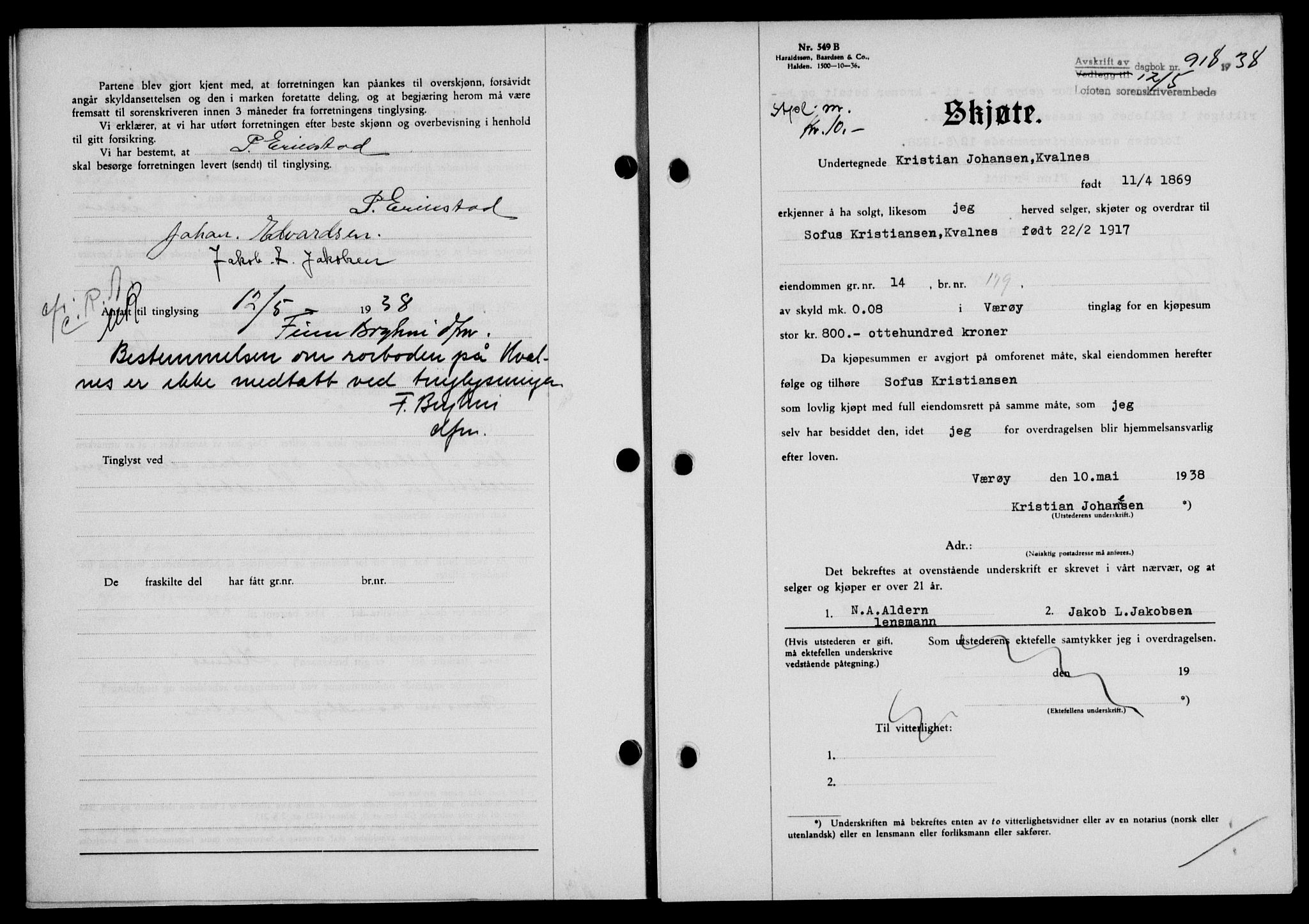 Lofoten sorenskriveri, SAT/A-0017/1/2/2C/L0004a: Mortgage book no. 4a, 1938-1938, Diary no: : 918/1938