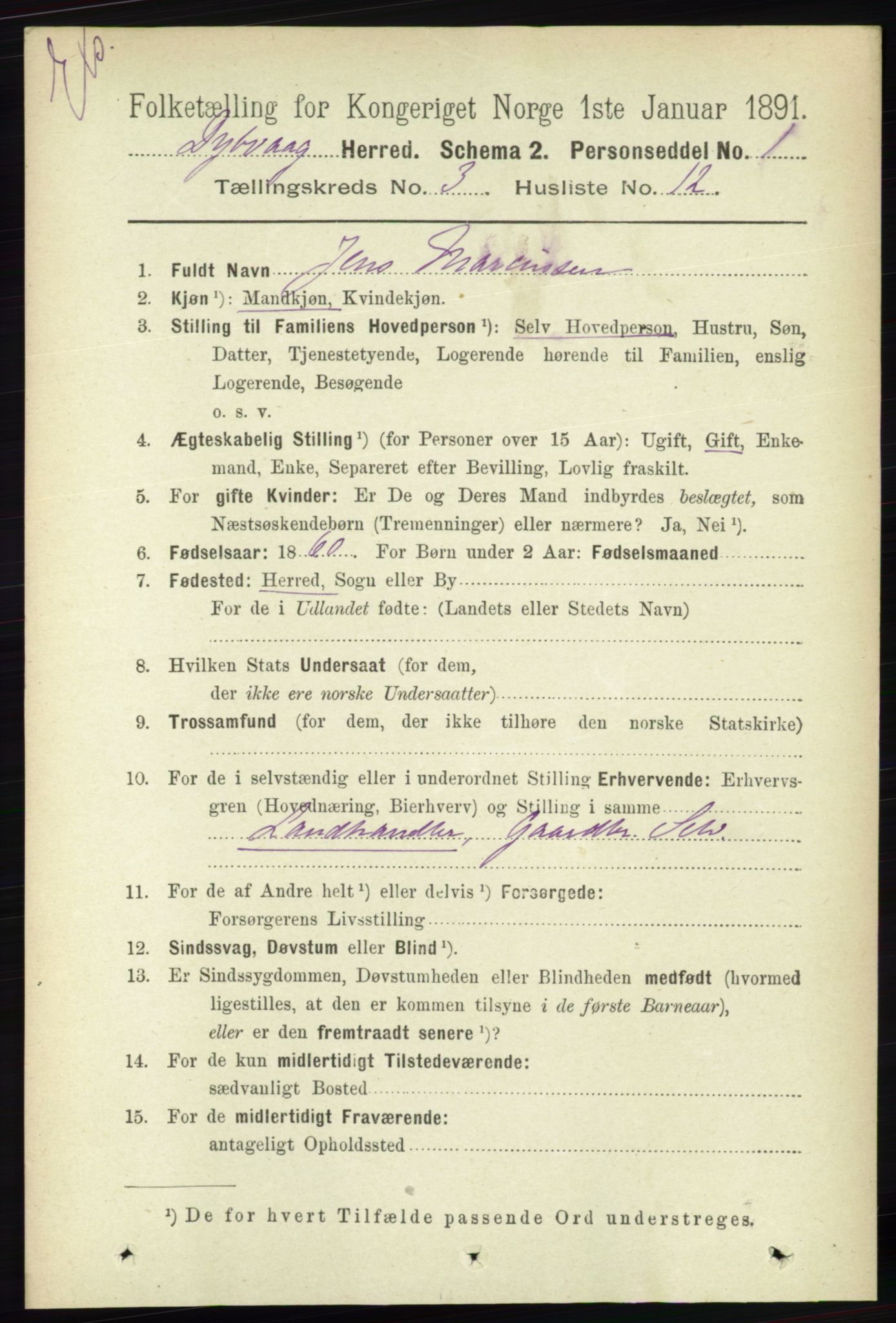 RA, Census 1891 for Nedenes amt: Gjenparter av personsedler for beslektede ektefeller, menn, 1891, p. 184