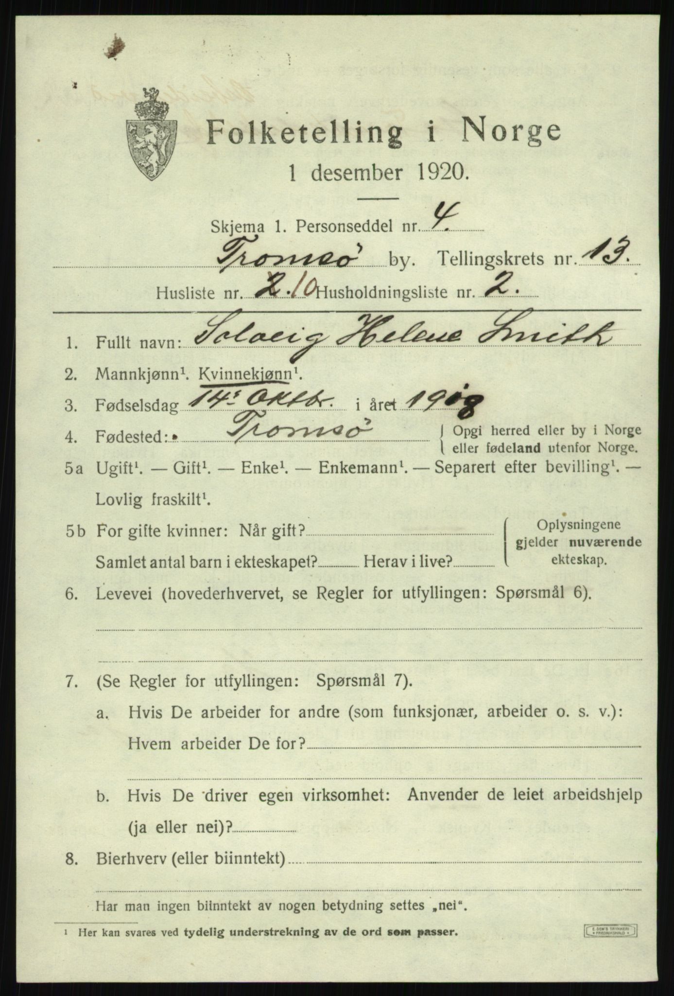 SATØ, 1920 census for Tromsø, 1920, p. 25145