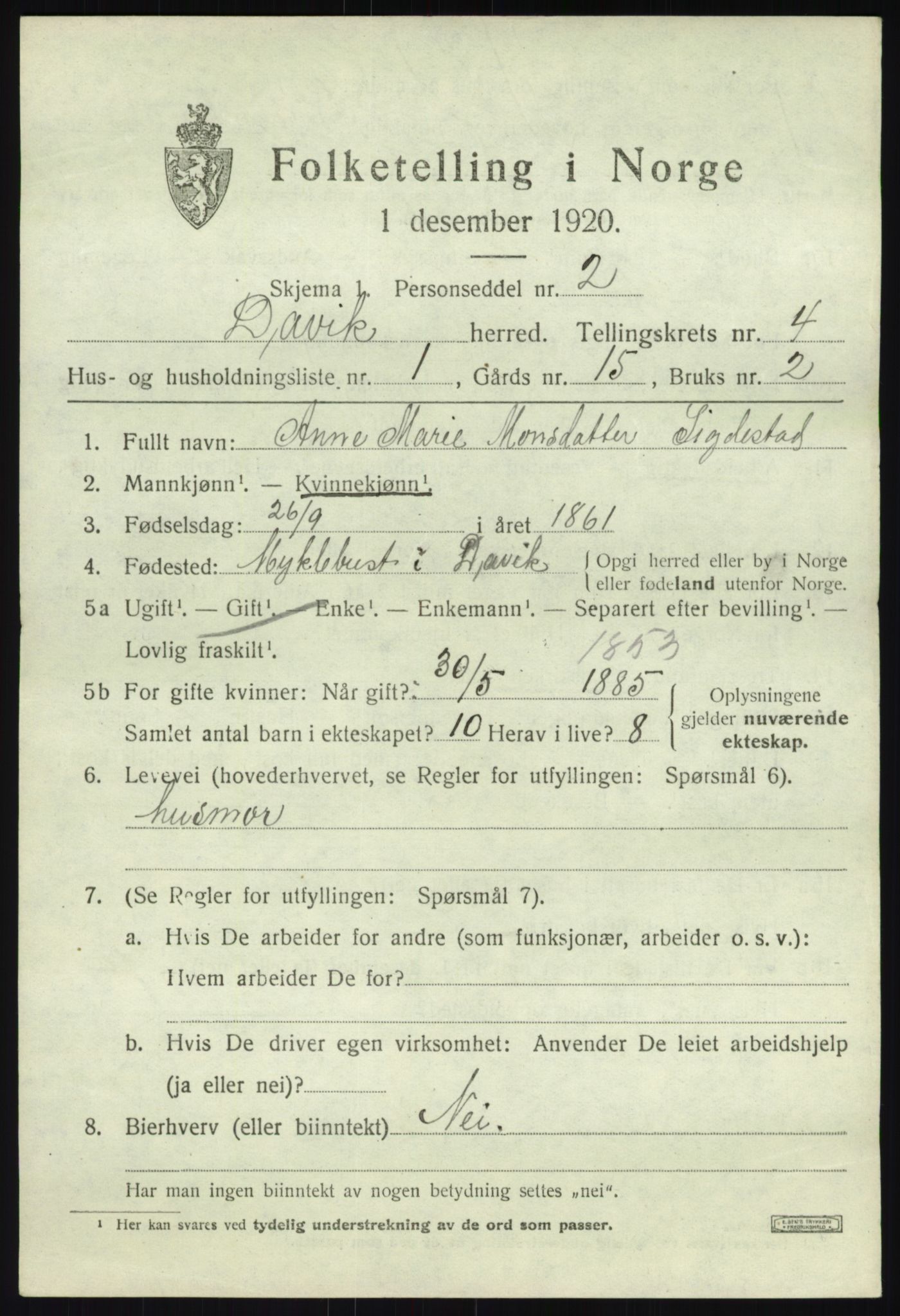 SAB, 1920 census for Davik, 1920, p. 2163