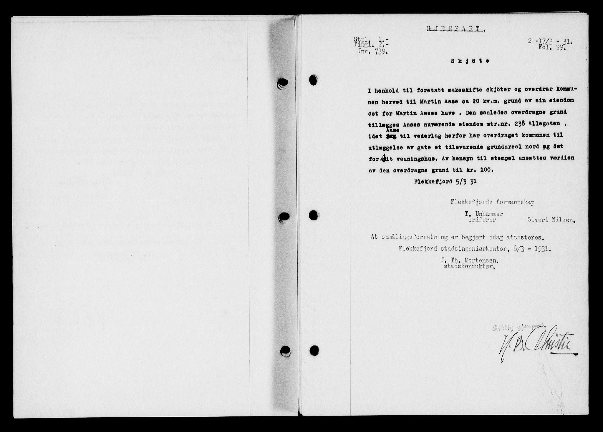 Flekkefjord sorenskriveri, SAK/1221-0001/G/Gb/Gba/L0046: Mortgage book no. 44, 1930-1931, Deed date: 17.03.1931